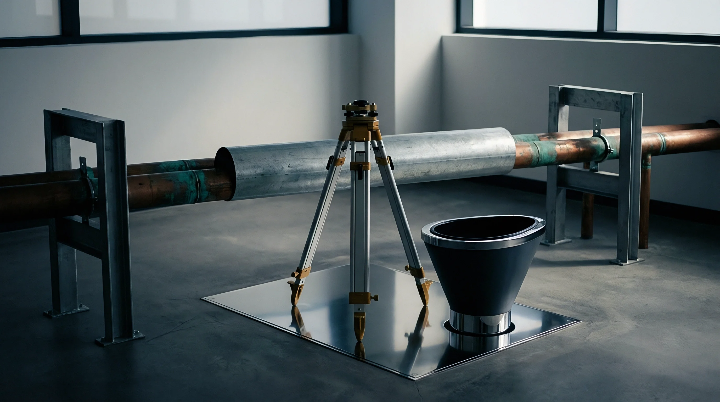 Metal framing supports copper pipelines spanning an industrial facility floor alongside a surveying tripod and collection basin.