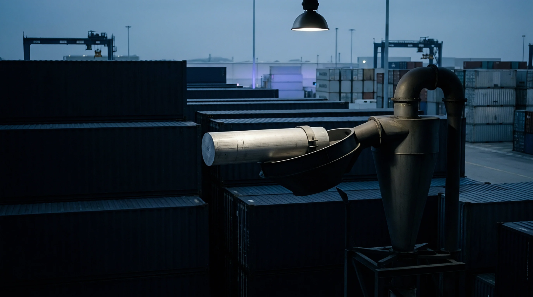 Metal extraction machinery processes a heavy cylindrical billet above stacked shipping containers inside a dim industrial freight terminal at evening.