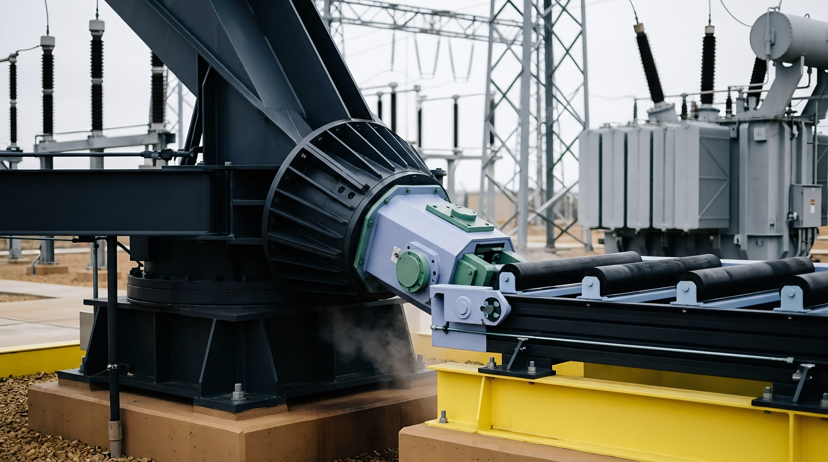 High voltage electrical substation components feature a mechanical pivot assembly mounted on steel beams near industrial transformers and insulators.