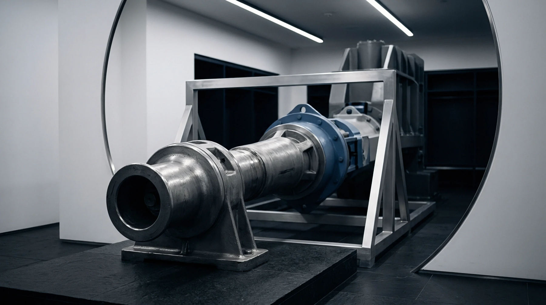 Large metallic shaft with circular blue housing rests on a structured steel frame within a clinical display interior with overhead lighting.
