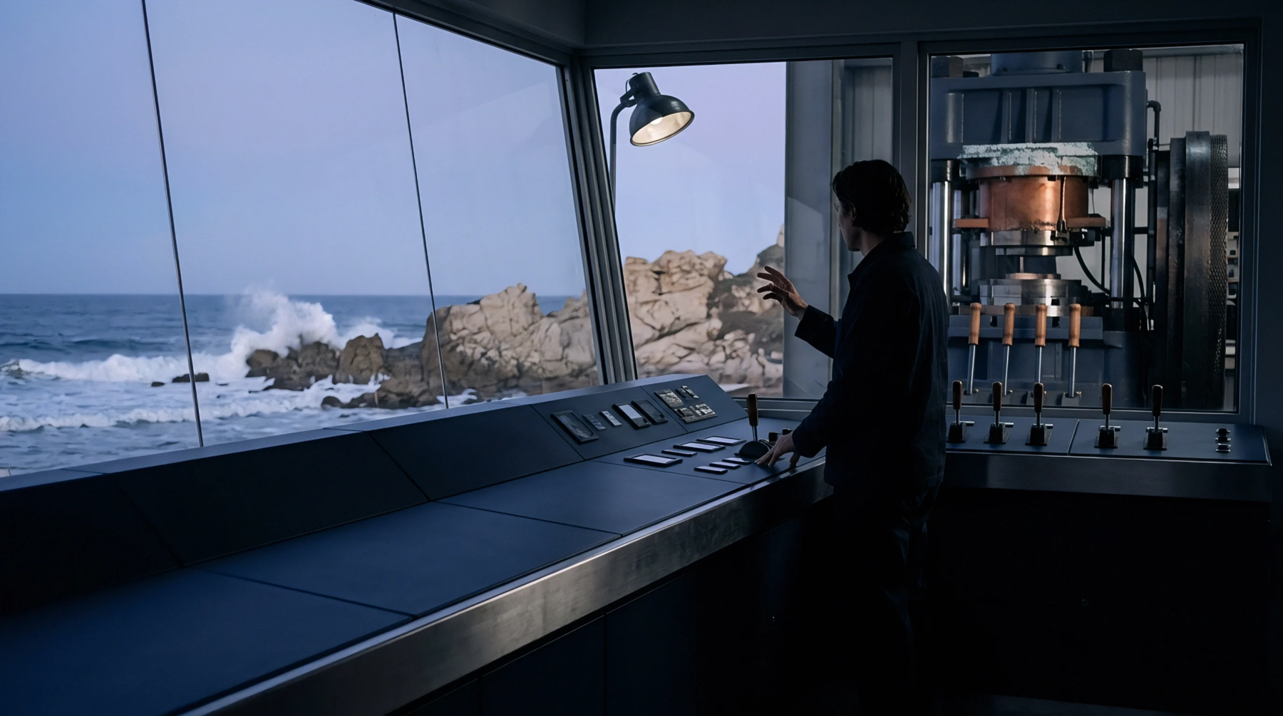 An operator stands at a control console inside an industrial facility overlooking a rocky coastline while heavy machinery operates nearby.