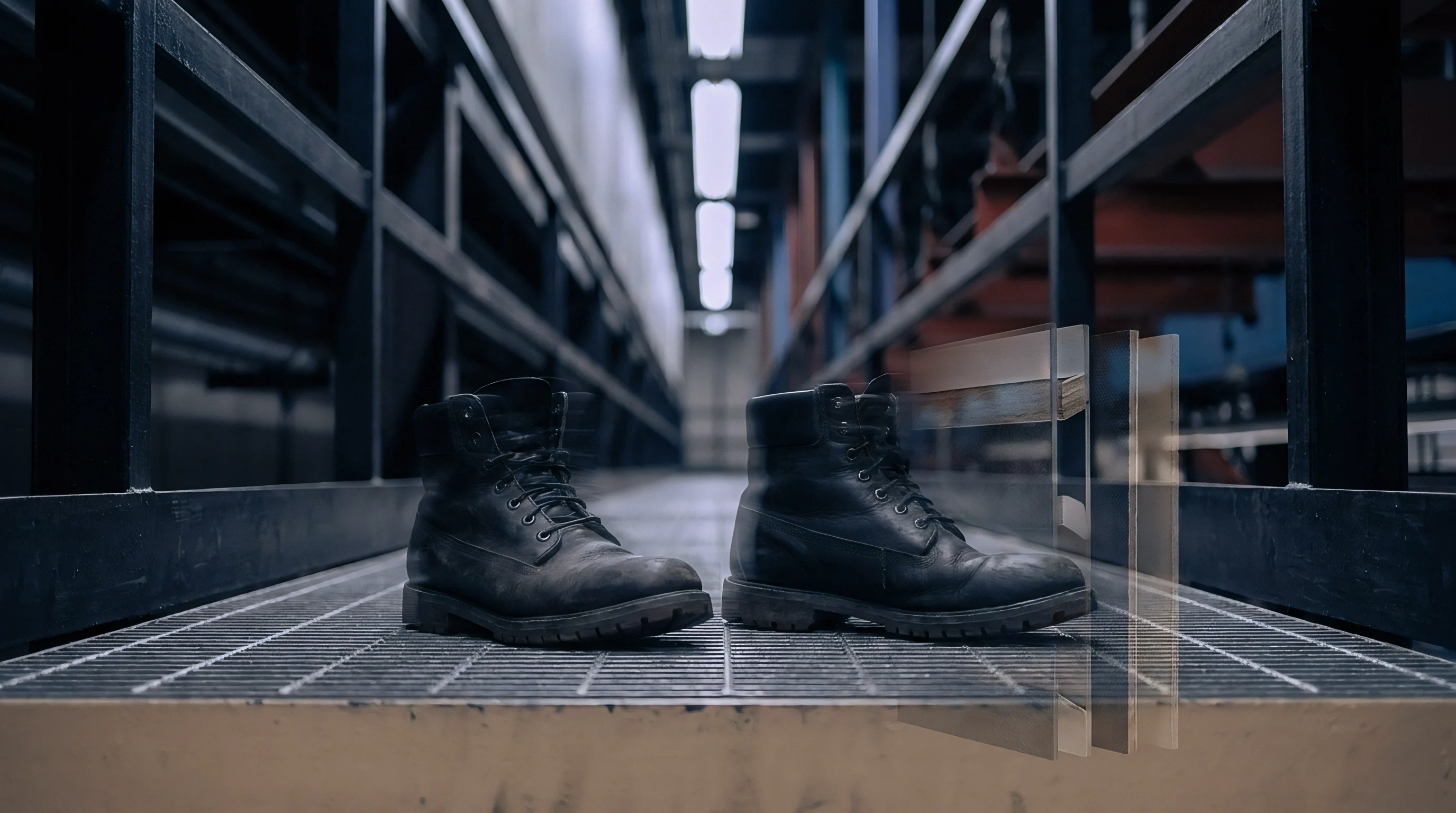 Industrial safety boots rest upon metal grating on a manufacturing facility walkway beside translucent composite material layers.