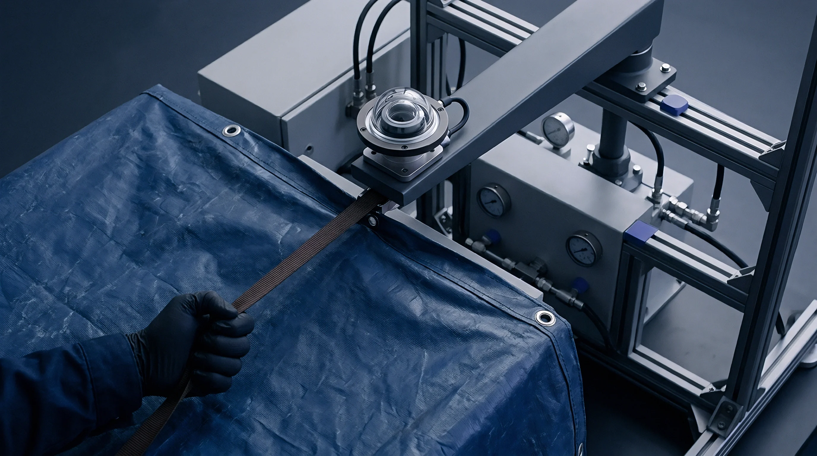 Industrial testing equipment evaluates a reinforced blue tarpaulin material while an operator holds a securing strap.