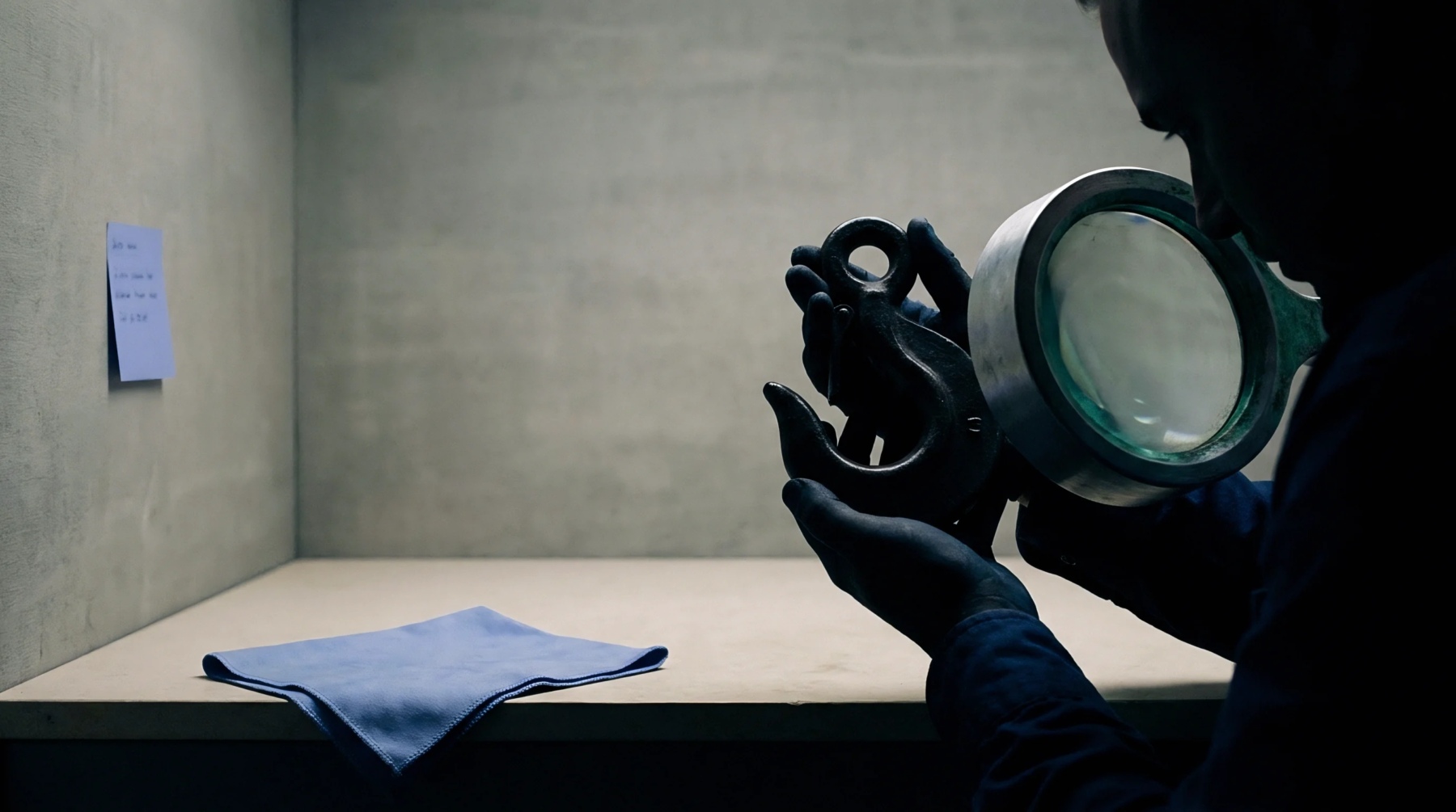 A gloved technician examines a heavy duty forged steel lifting hook with a magnifying lens inside a controlled environment testing lab.