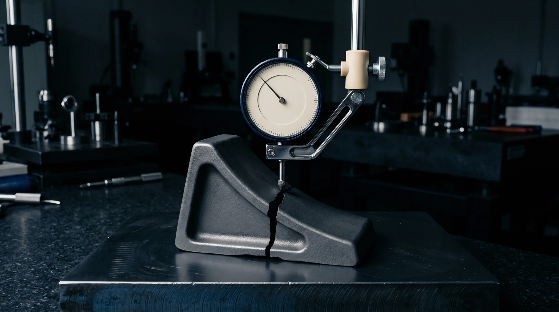 A dial indicator precisely measures a sharp crack in a dark grey metal component resting on a granite surface plate.