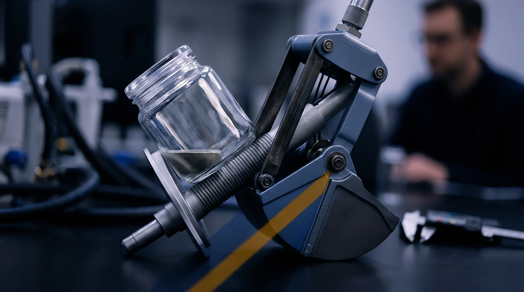Mechanical testing apparatus secures a glass container holding a fine particulate sample inside a production laboratory facility.