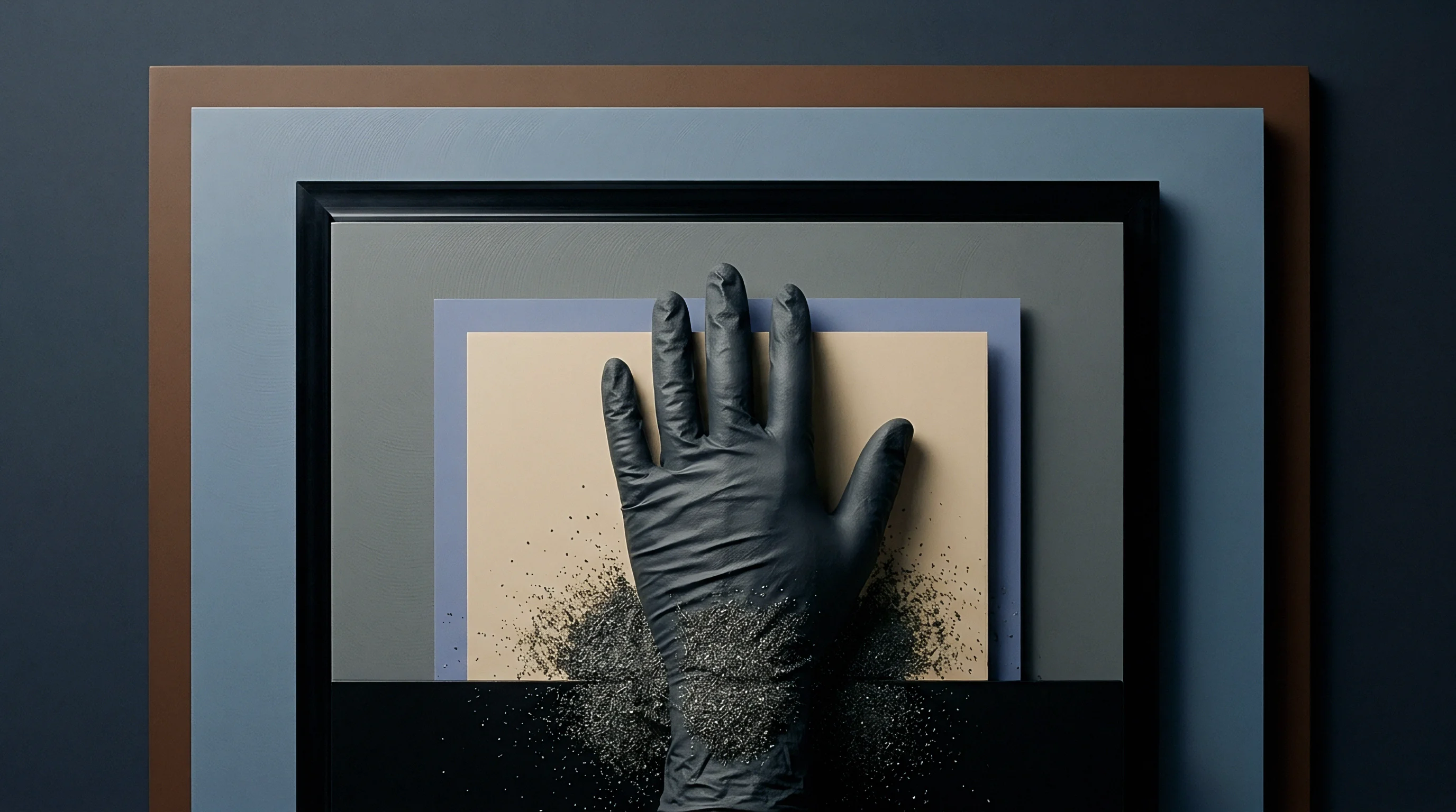 Protective gloved hand touches layered industrial material panels covered with fine particulate residue inside a matte production frame.