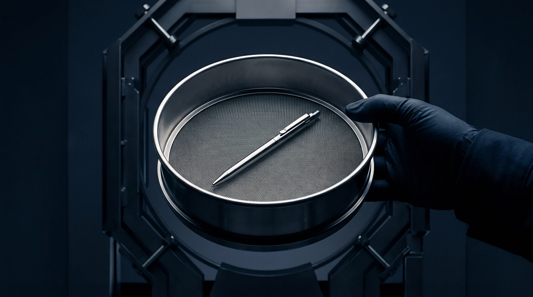 A digital render shows a gloved hand holding a round metal laboratory sieve with a silver pen resting on the mesh screen.