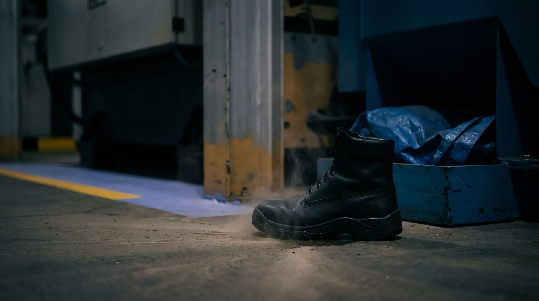A single black protective work boot stands on a dusty industrial floor near a blue metal bin in a warehouse.