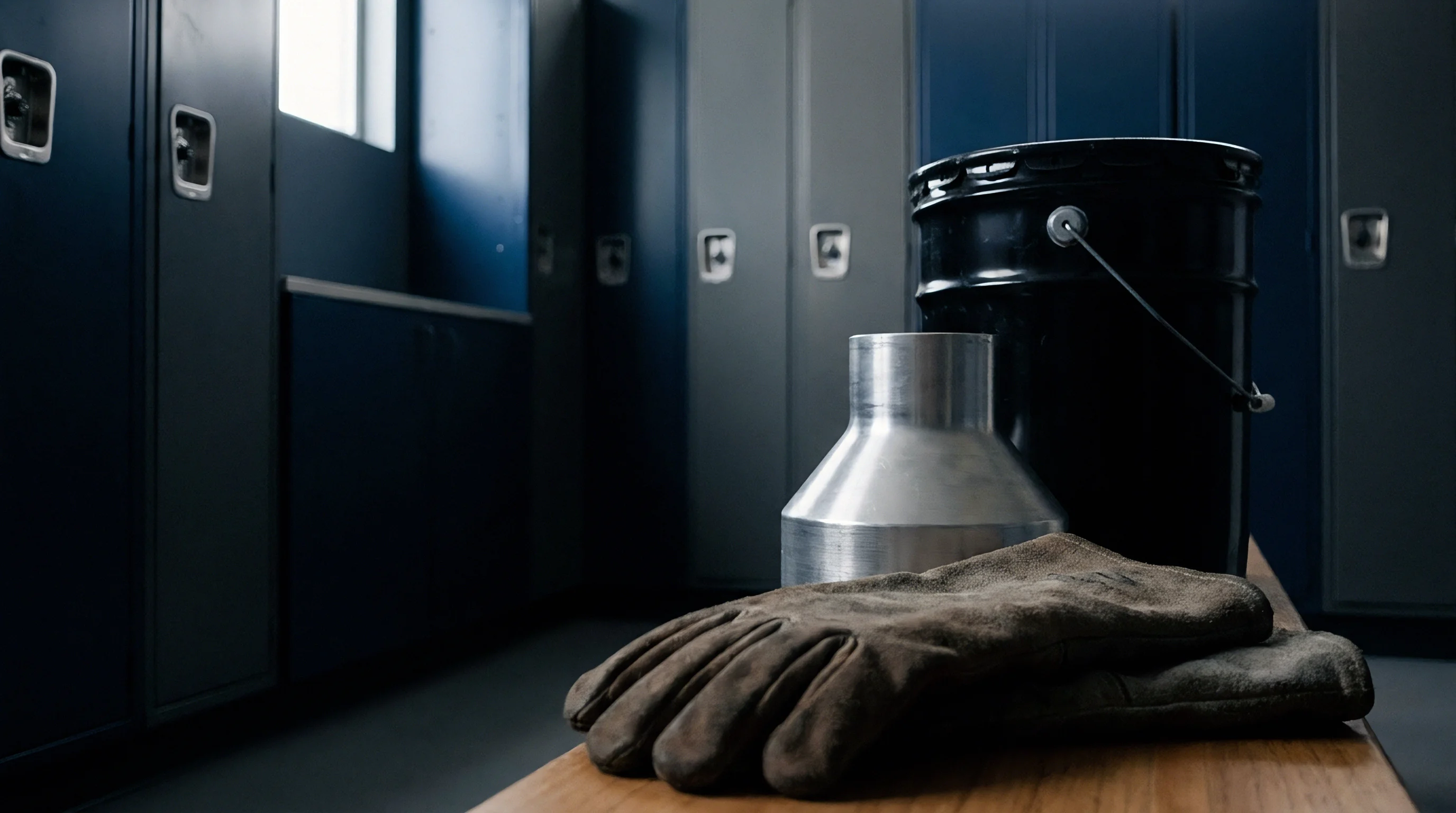 Leather protective gloves and a polished aluminum fitting rest beside a black bucket on a wooden bench inside a facility locker room.