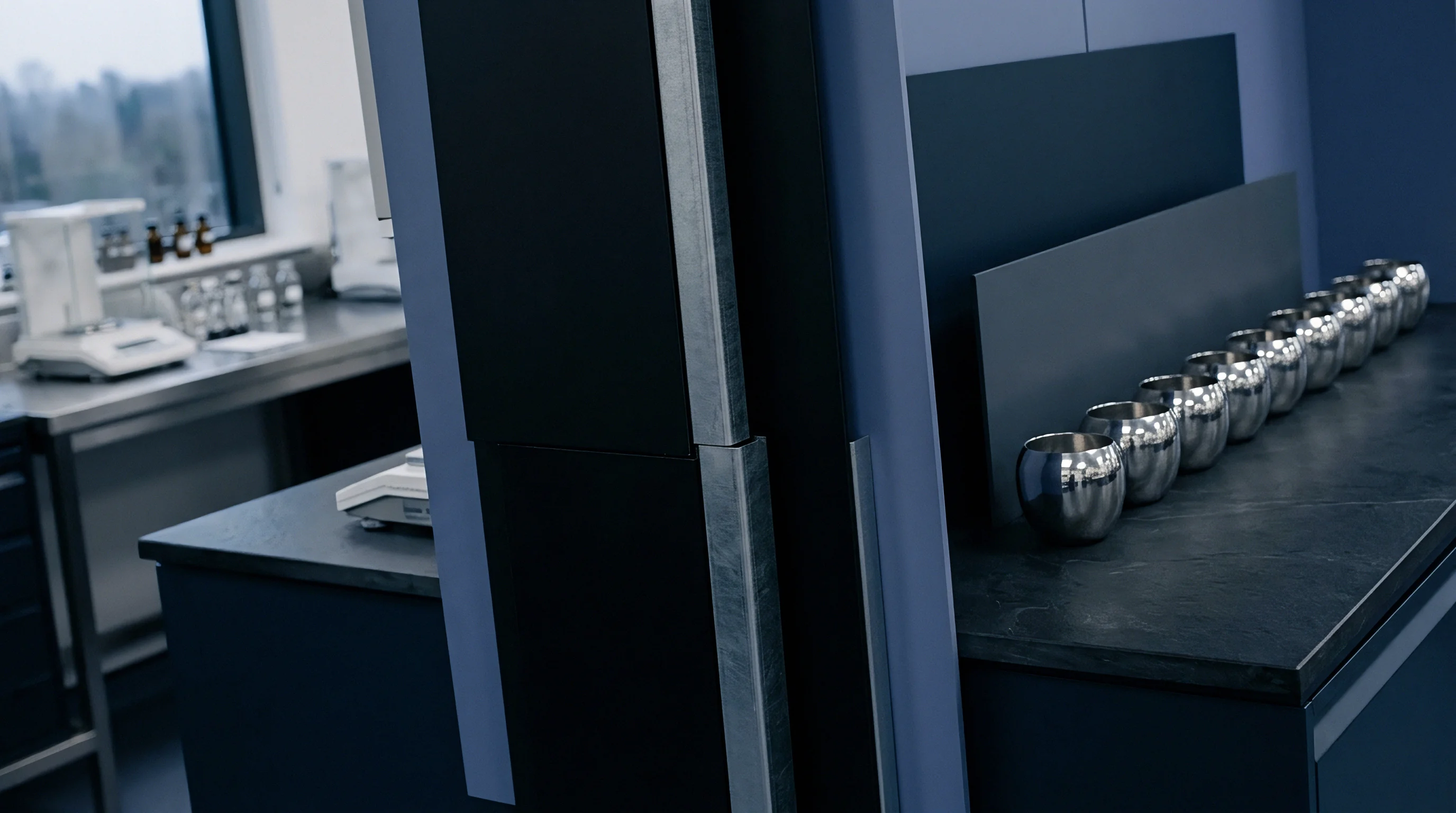Polished metal milling vessels align along a dark industrial workbench inside a materials testing and sample preparation facility.