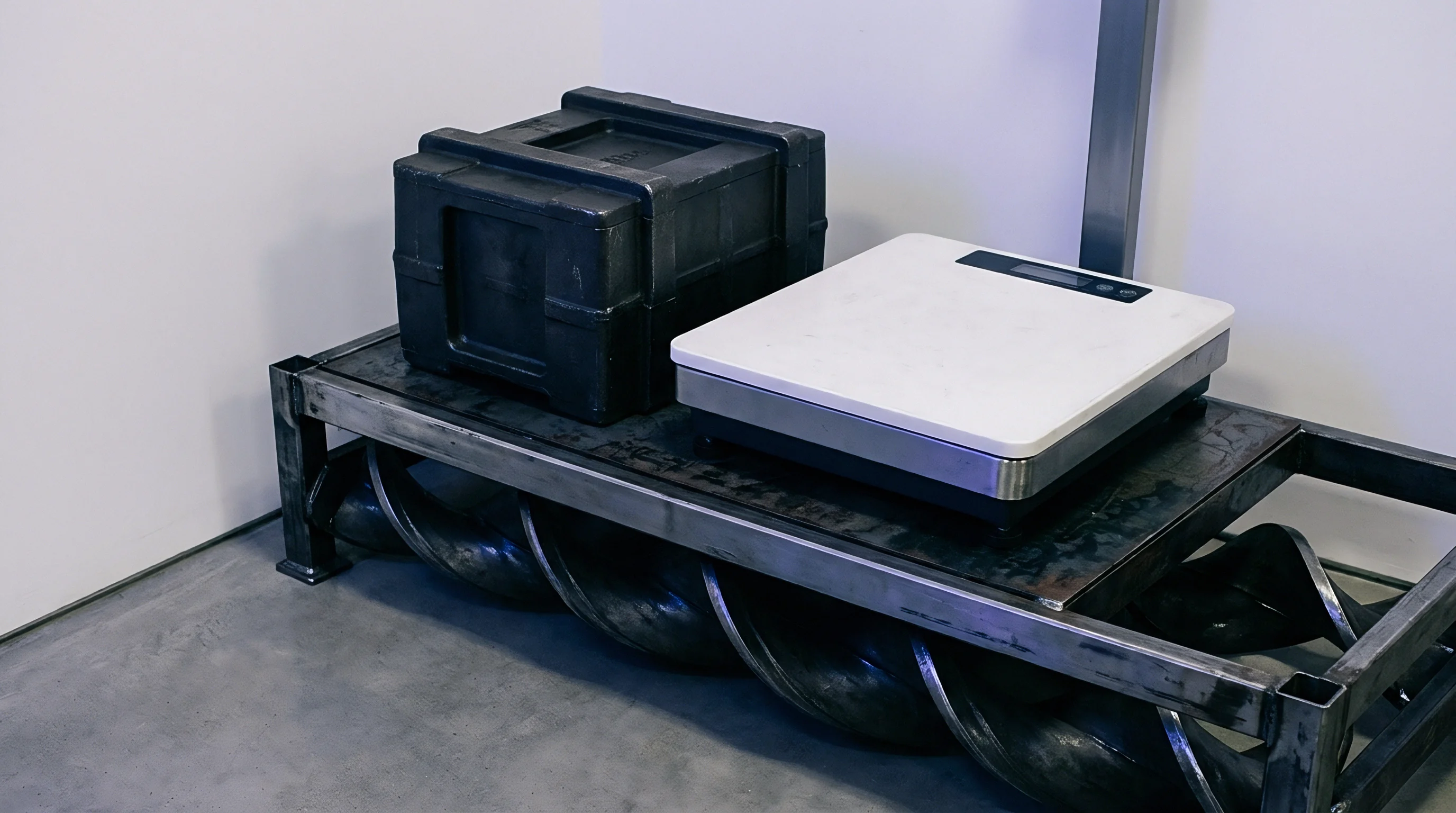 A digital weighing scale and a black protective cargo case rest on a steel workbench above a heavy metal screw conveyor.