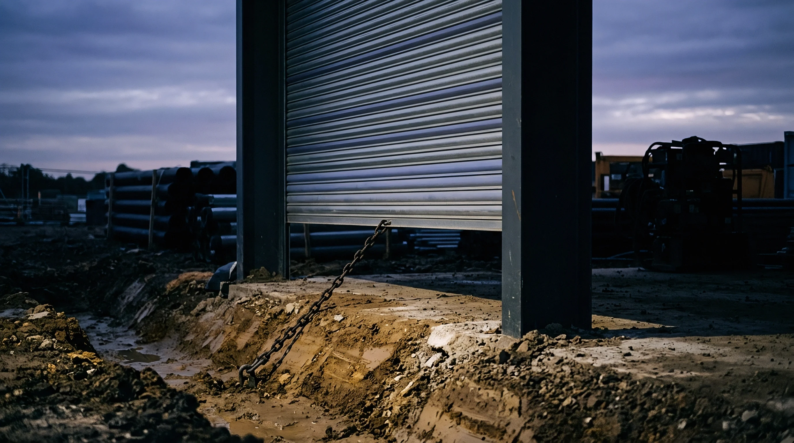 A heavy steel roller shutter door remains jammed above an excavated trench at a twilight construction site containing stacked industrial piping.