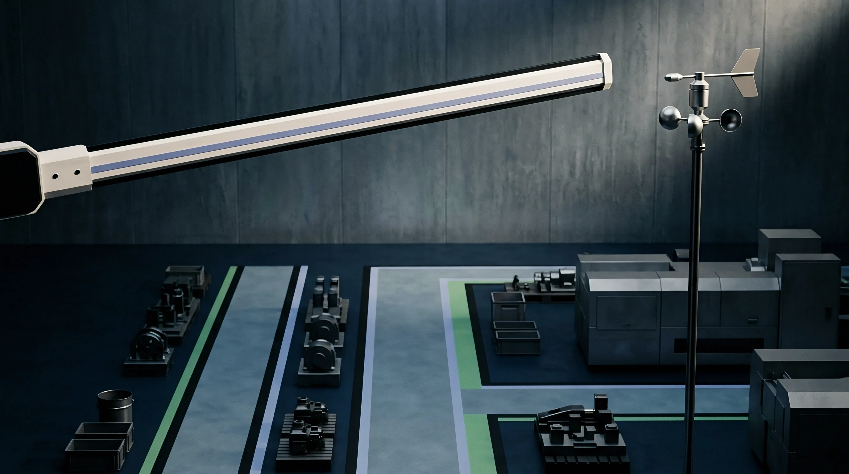 Precision sensor hardware hovers above a simulated manufacturing floor layout equipped with production machinery and wind monitoring instruments.