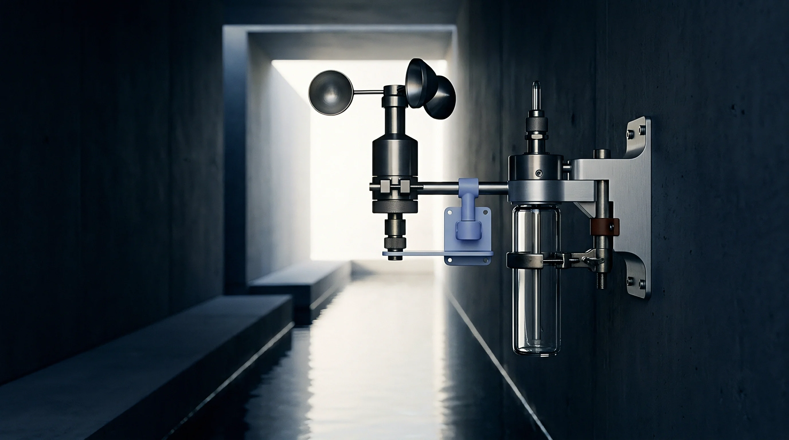 A digital render features a metallic sensor assembly mounted on a dark concrete wall above an industrial drainage channel.