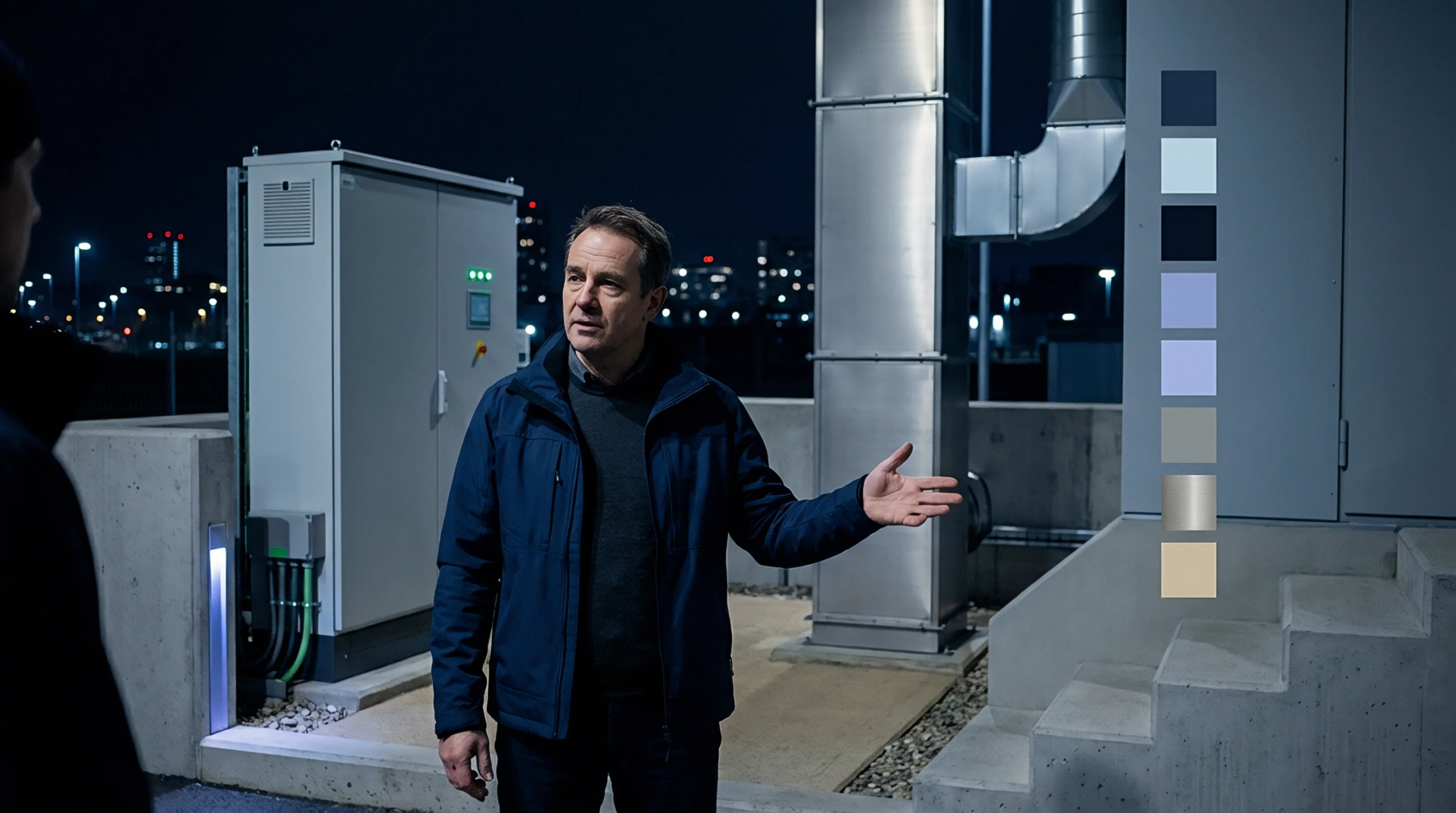 A man in a dark jacket discusses industrial control units and ventilation system ducting on an industrial platform at night.