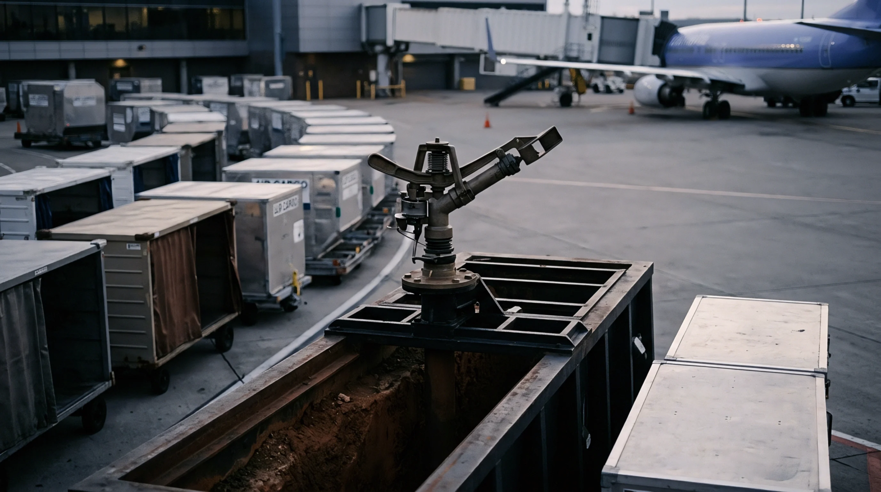 Heavy duty industrial irrigation equipment stands beside stacked unit load devices on service carts across an active airport cargo apron.