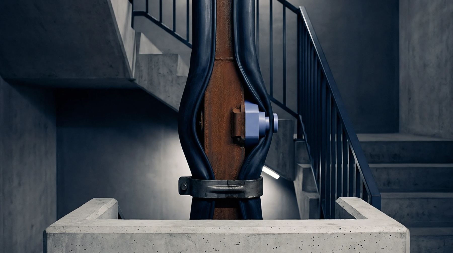 A weathered steel support column fitted with rubber protective sleeves and a blue mechanical sensor stands inside a raw concrete industrial stairwell.