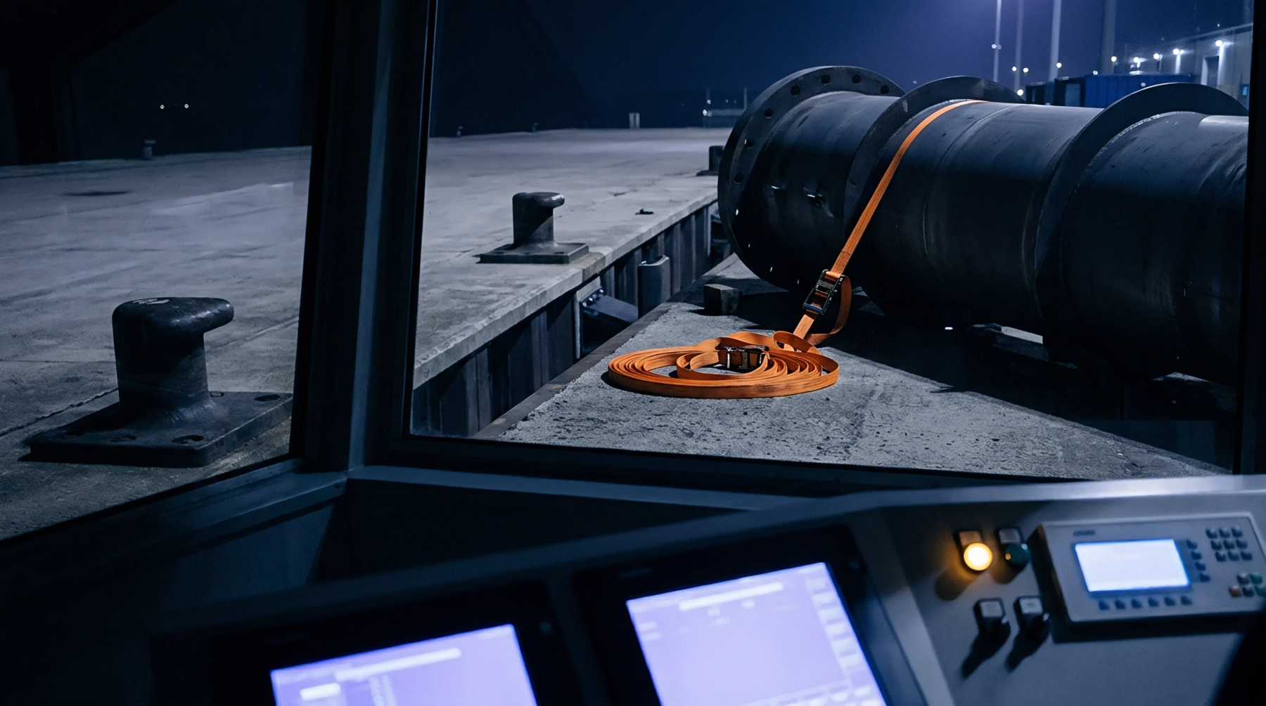 Heavy cylindrical cargo rests on a concrete port terminal visible through the illuminated control console of a maritime facility.