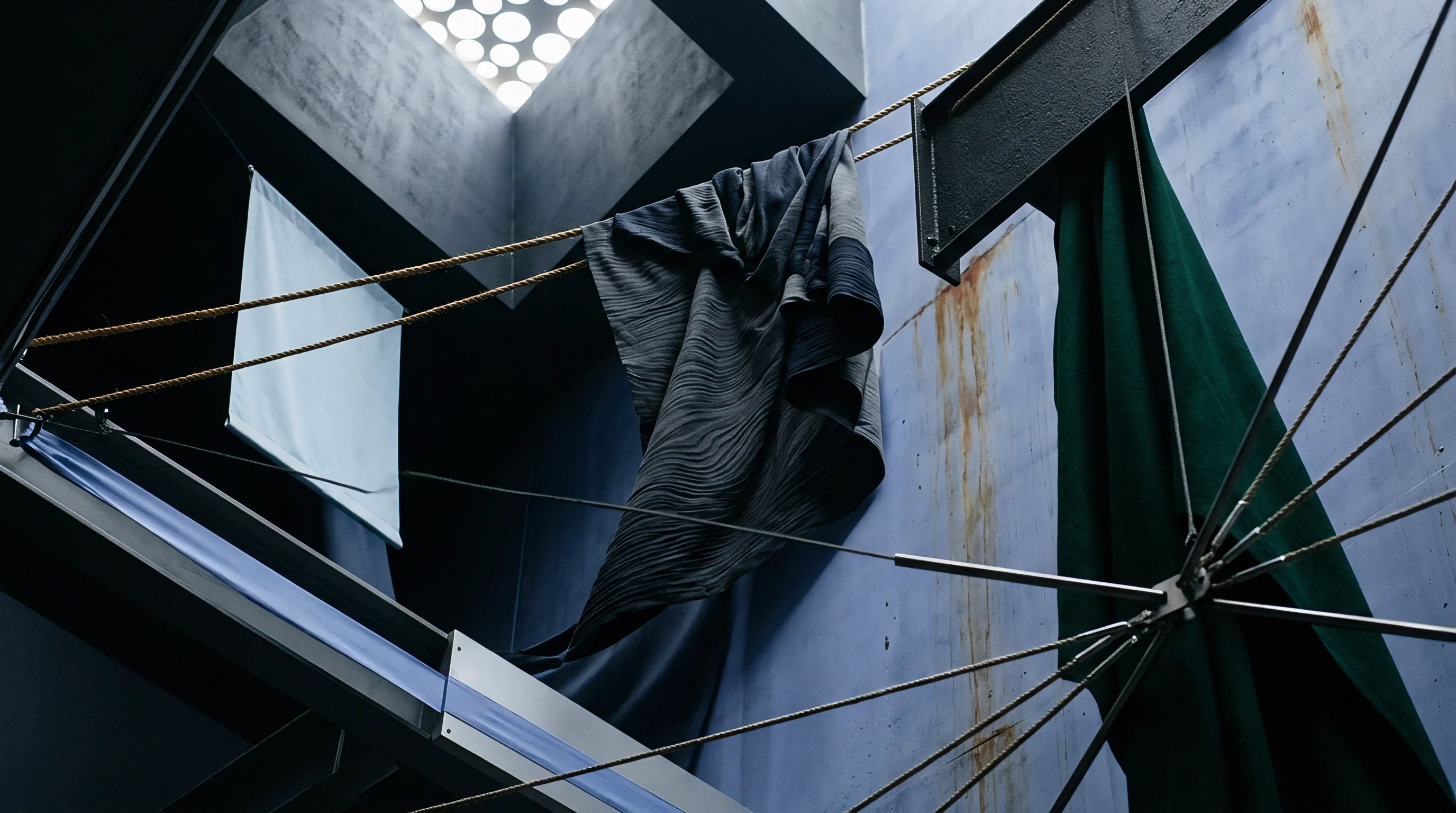 Suspended industrial textiles and tension cables occupy a concrete production facility featuring exposed structural steel beams and overhead skylights.