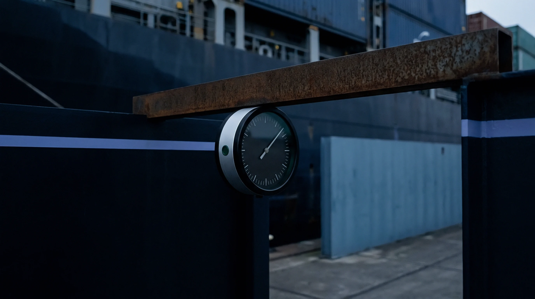 A circular industrial clock with a minimal face mounts directly onto a dark metal shipping container beneath a weathered steel beam.