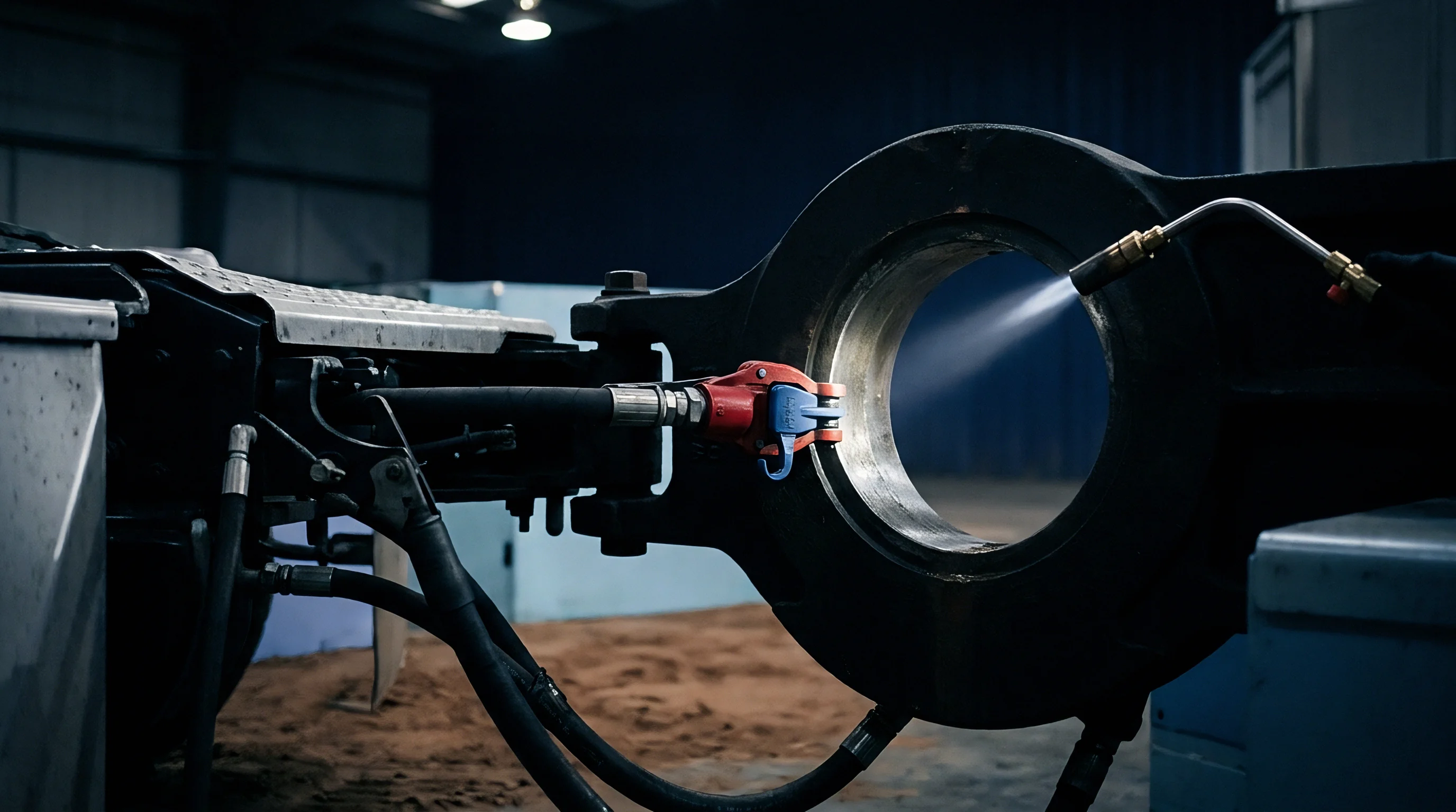 Flame cleaning proceeds on a heavy metal trailer fifth wheel coupling inside a facility for vehicle maintenance and freight infrastructure support.