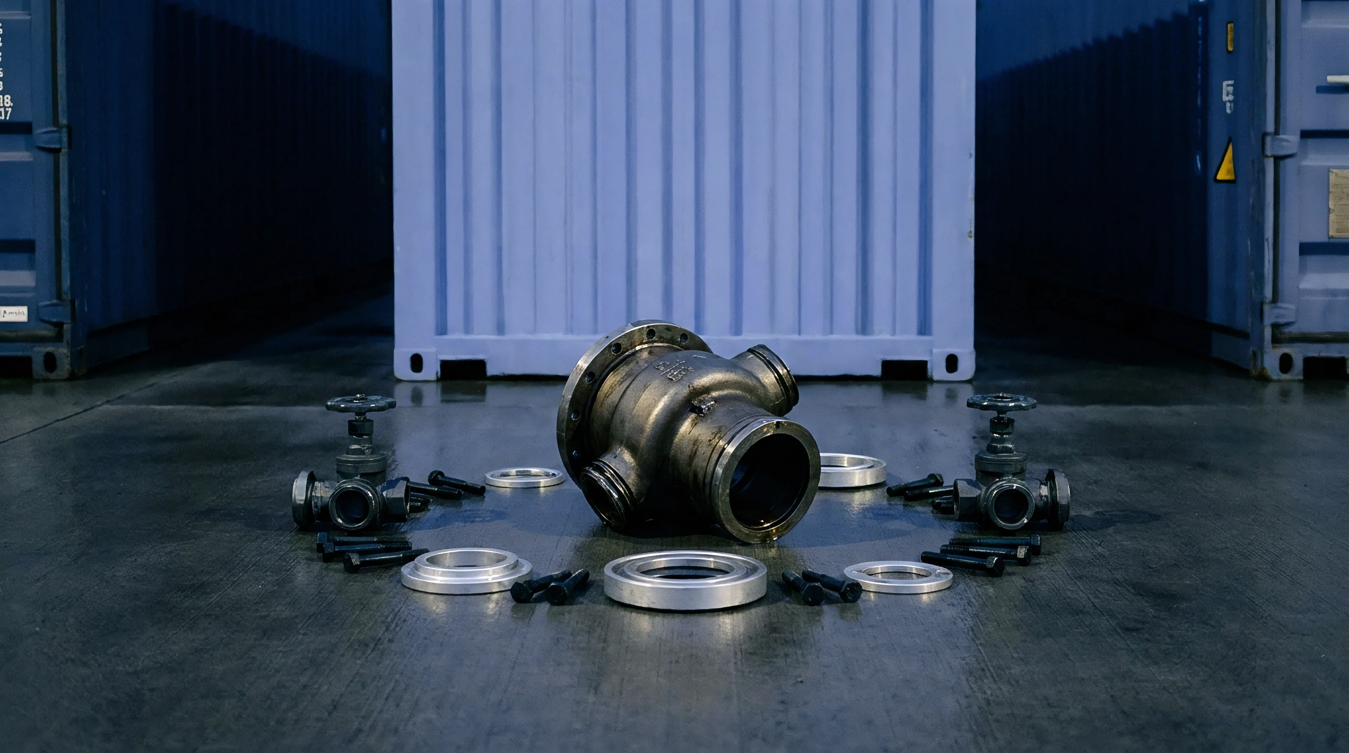 A cast metal valve body and matching hardware components rest on a workshop floor before large blue shipping containers.