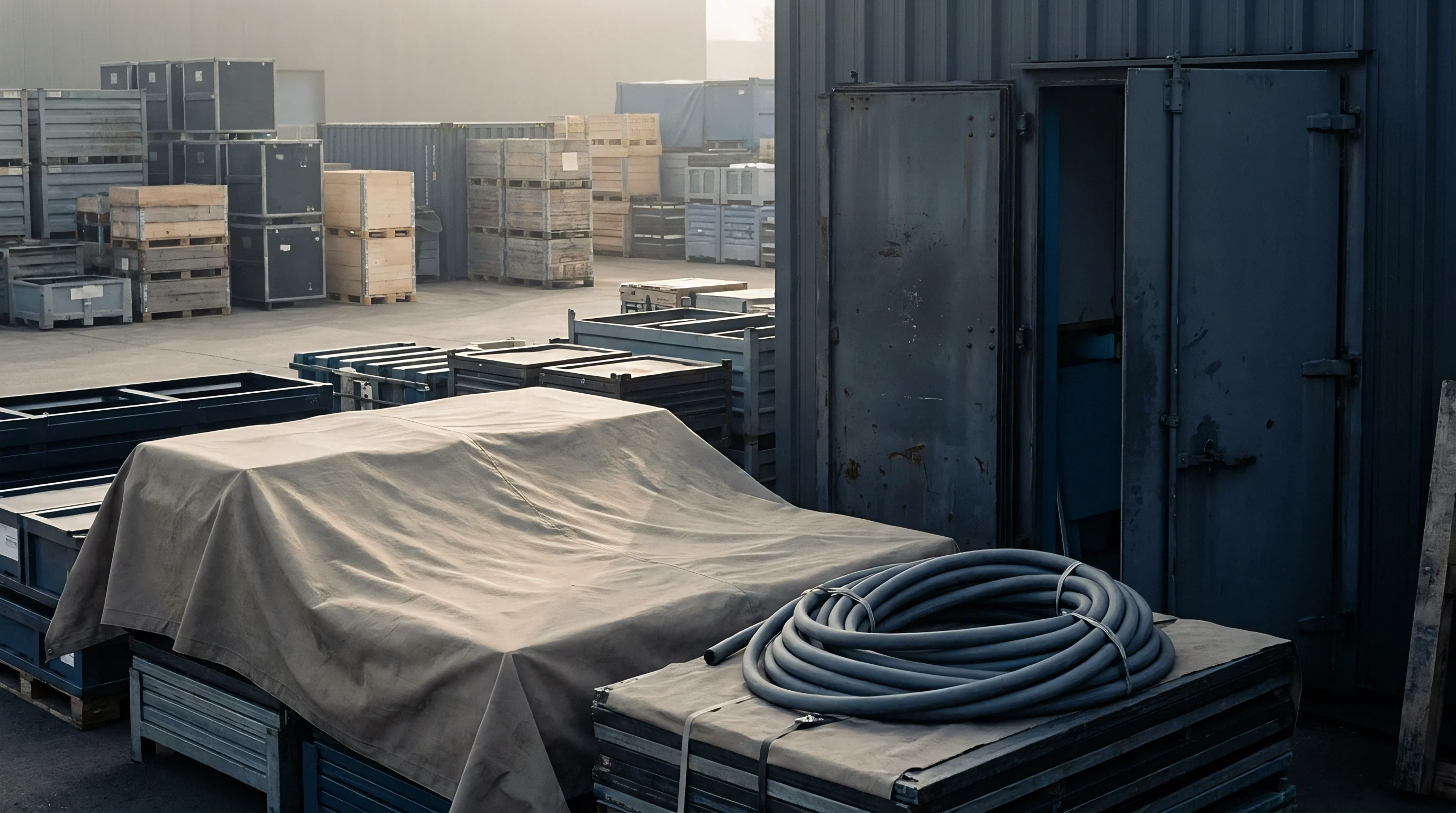 Stored industrial equipment under canvas alongside stacked metal containers fills an outdoor freight staging yard under overcast daylight.