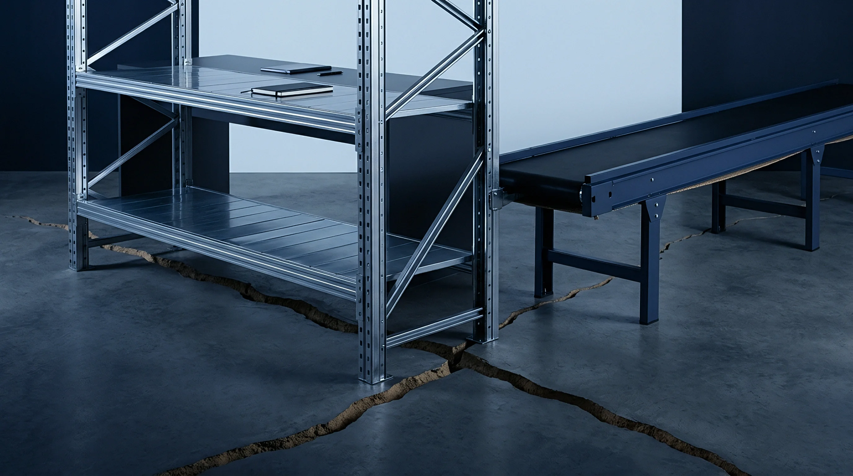 Industrial steel storage racks and a conveyor system sit on a fractured concrete floor inside a logistics facility.