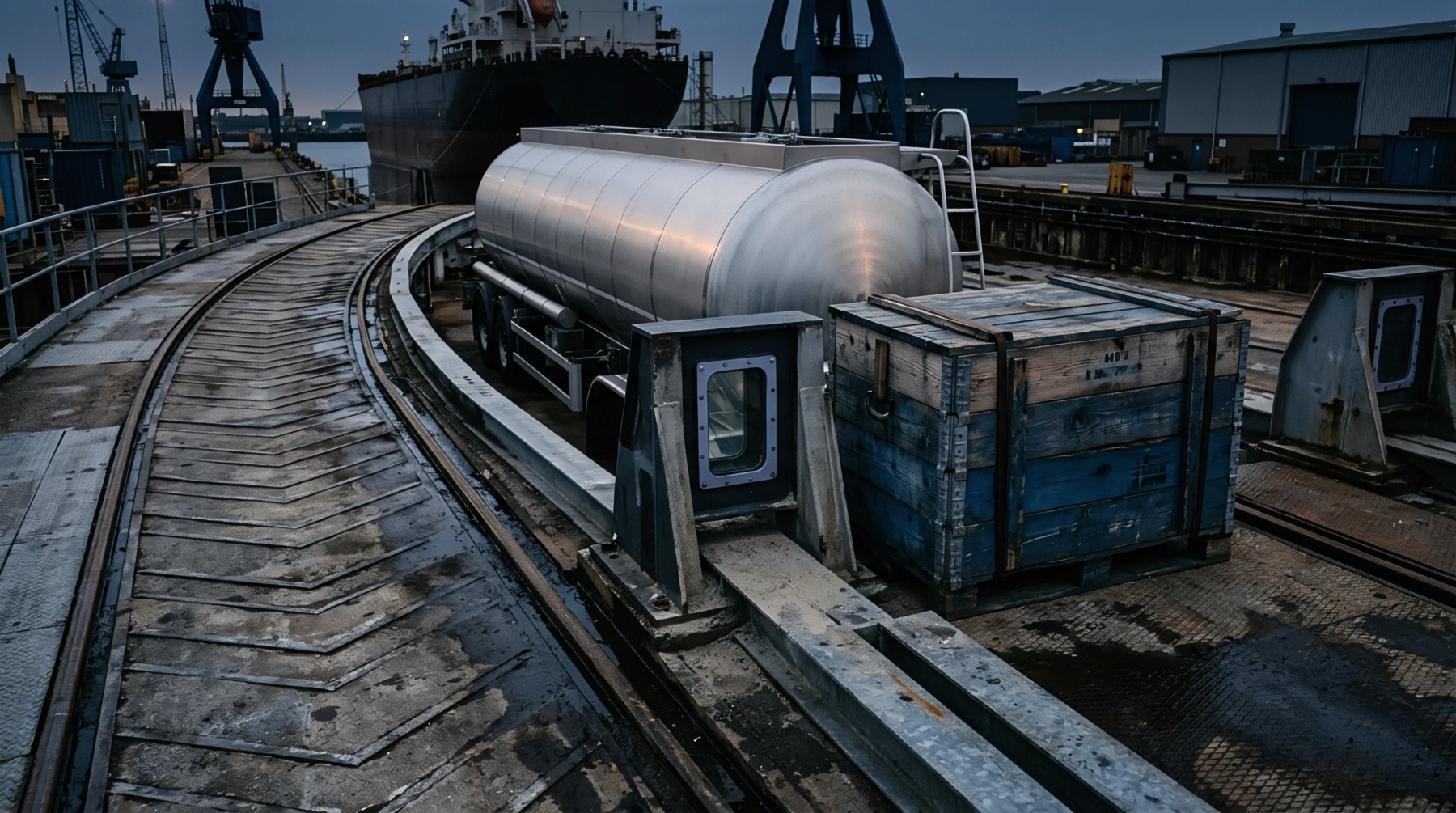 A stainless steel tanker and wooden cargo crate rest on industrial rail tracks inside a coastal shipping terminal during evening twilight.