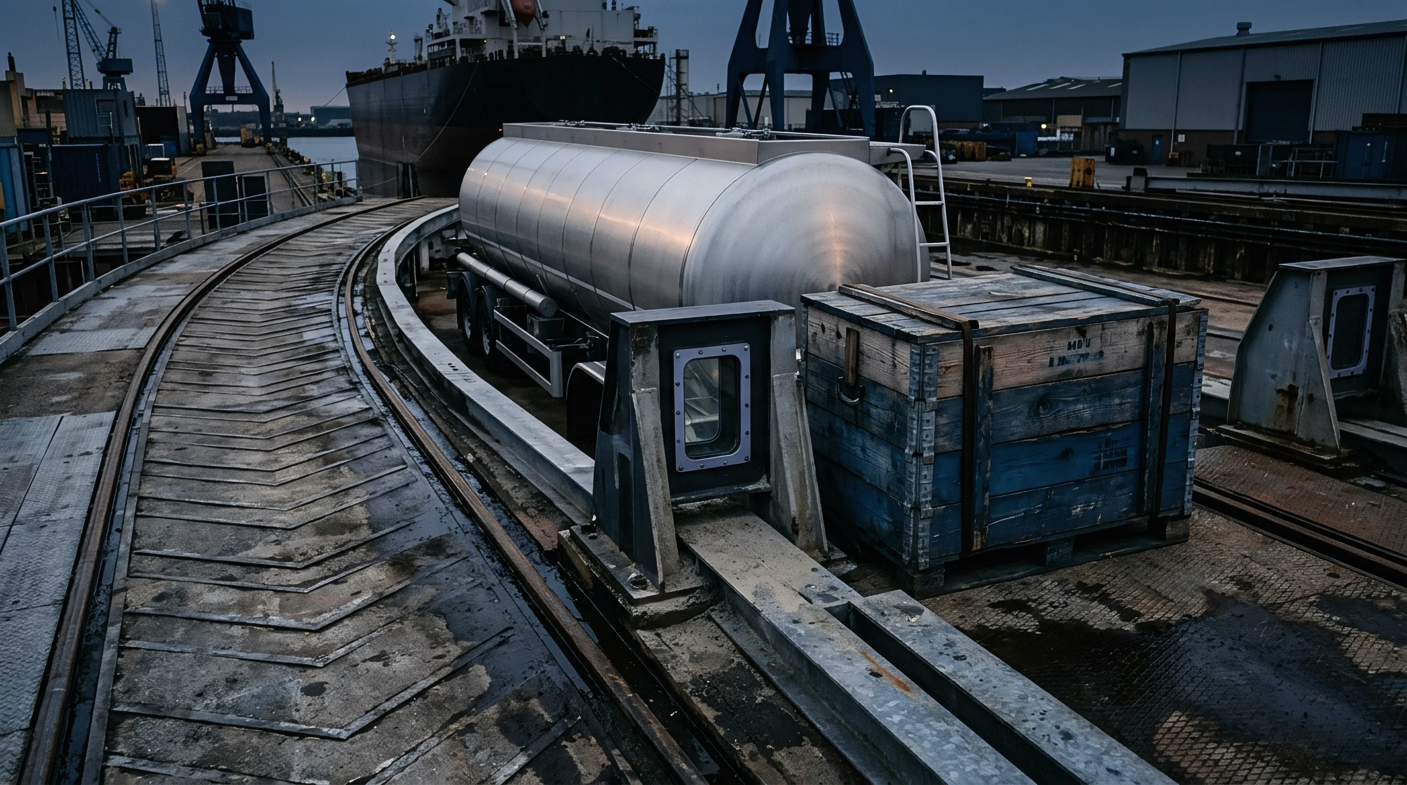 A stainless steel tanker and wooden cargo crate rest on industrial rail tracks inside a coastal shipping terminal during evening twilight.