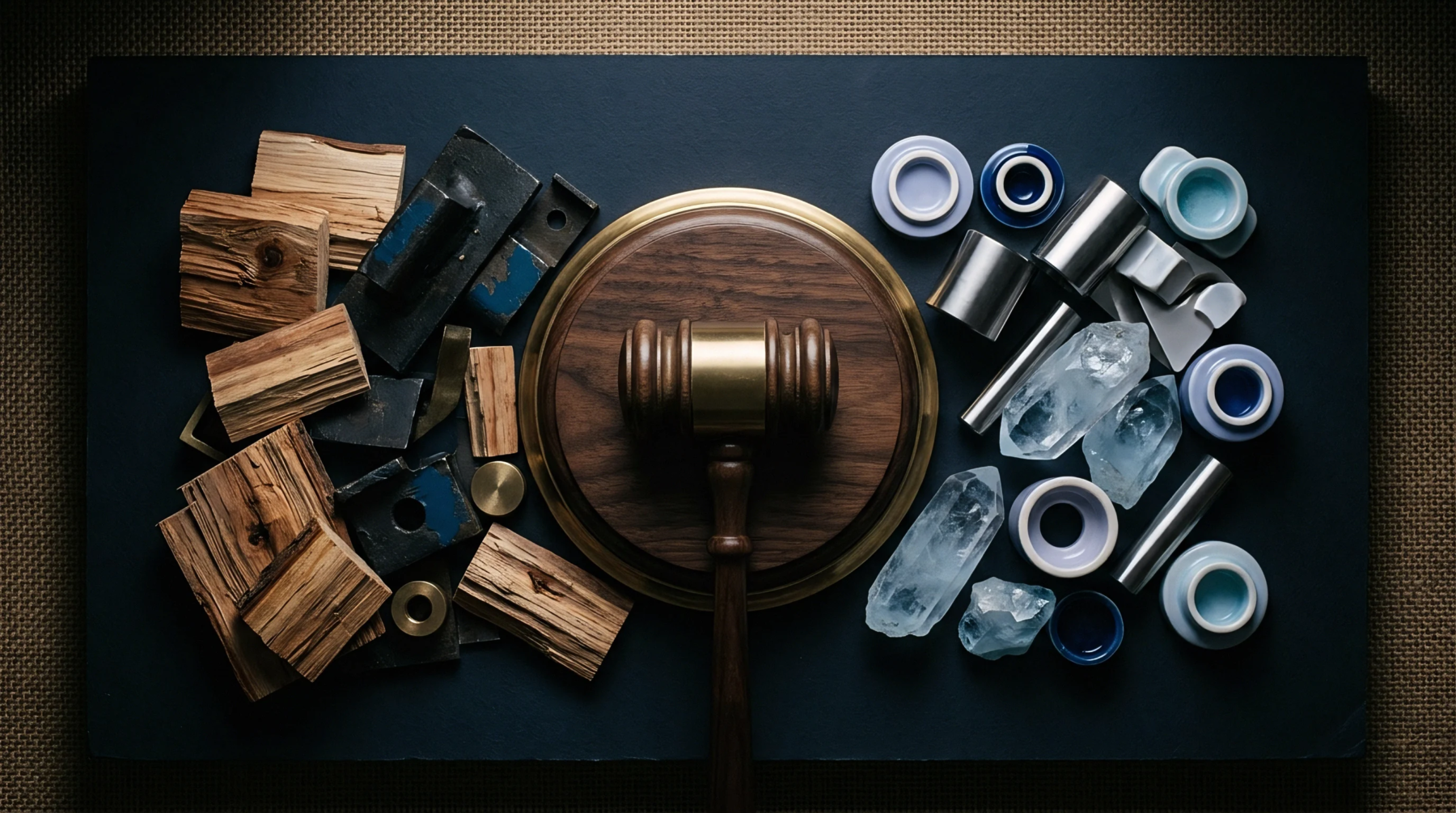 An illustration features a wooden gavel on a circular sound block surrounded by raw timber sections, steel components, ceramic parts, and quartz minerals.