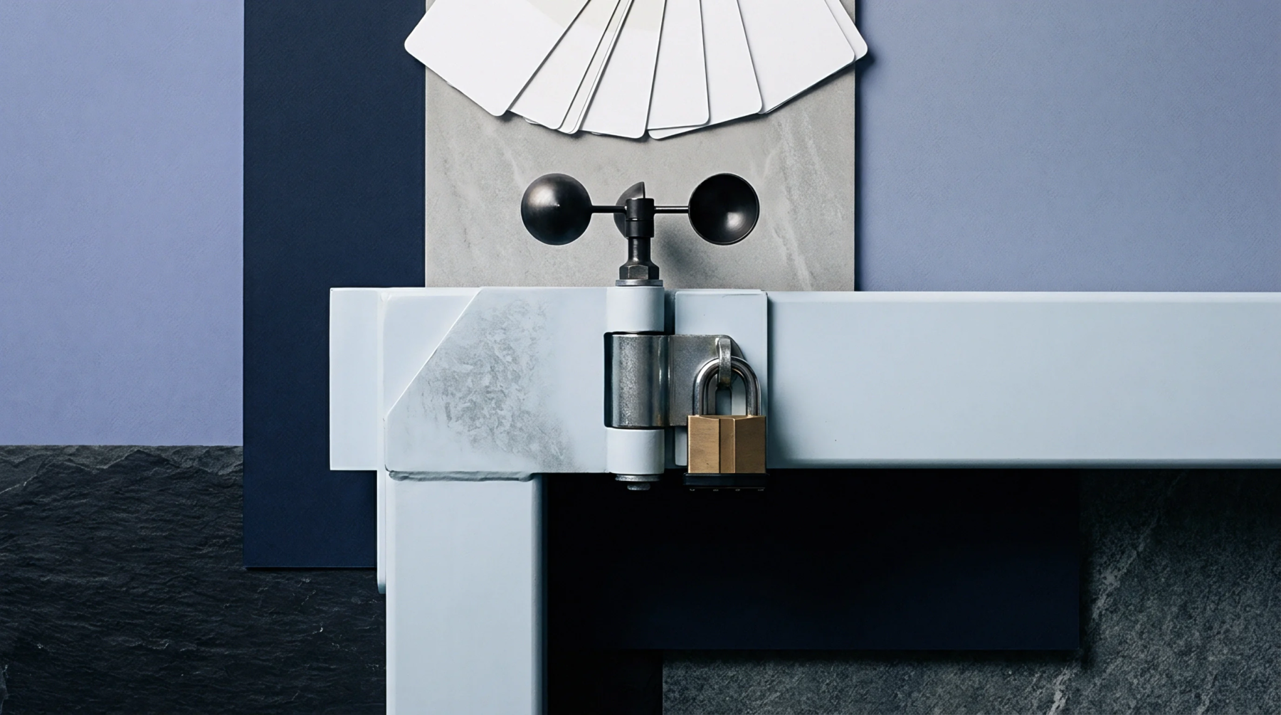 A brass padlock secures a painted steel hinge mechanism mounted near concrete panels and color specification cards beside a blue wall.