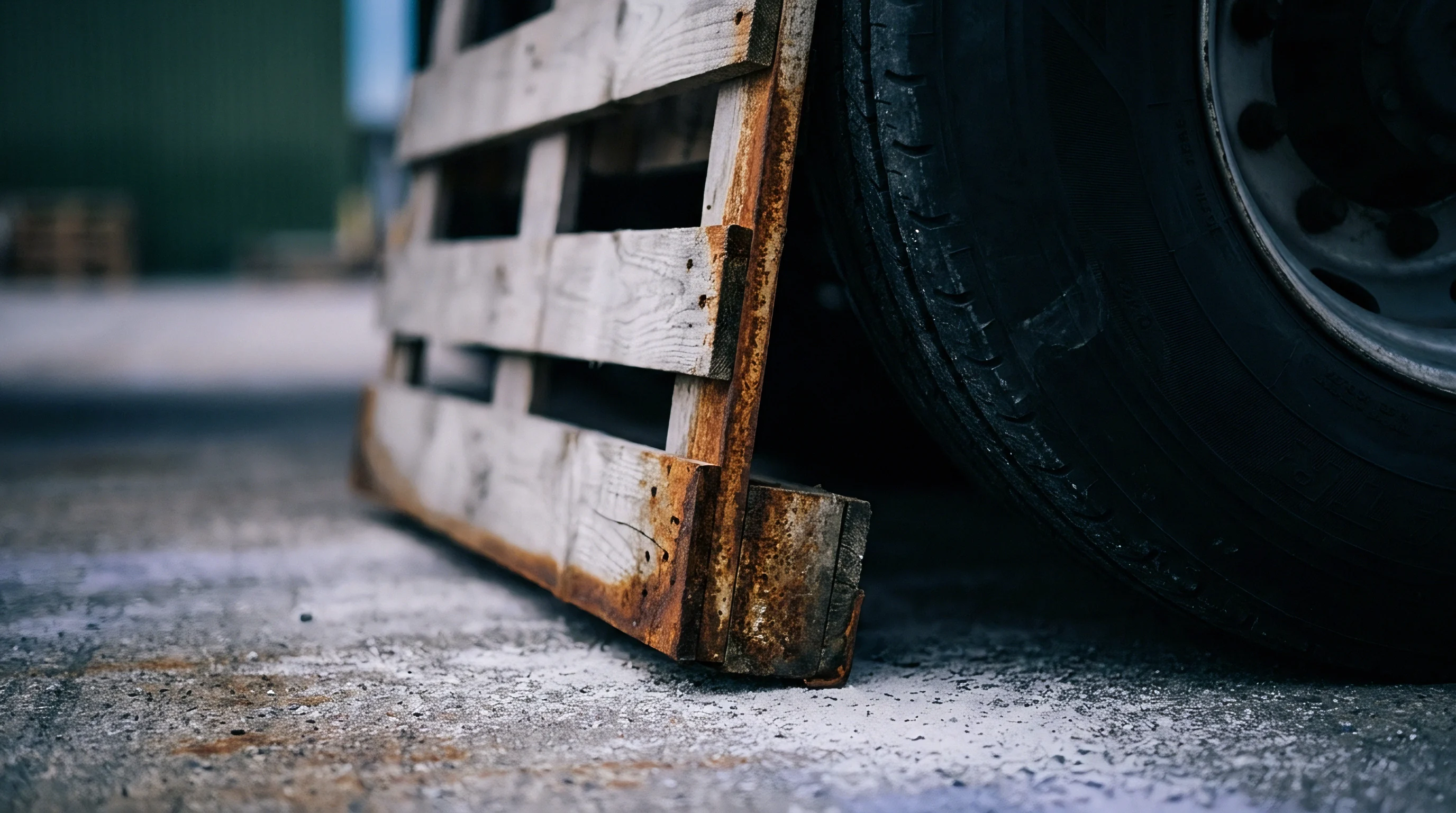 A weathered wooden pallet with rusted metal reinforcement leans against a heavy commercial truck tire resting on coarse concrete ground.
