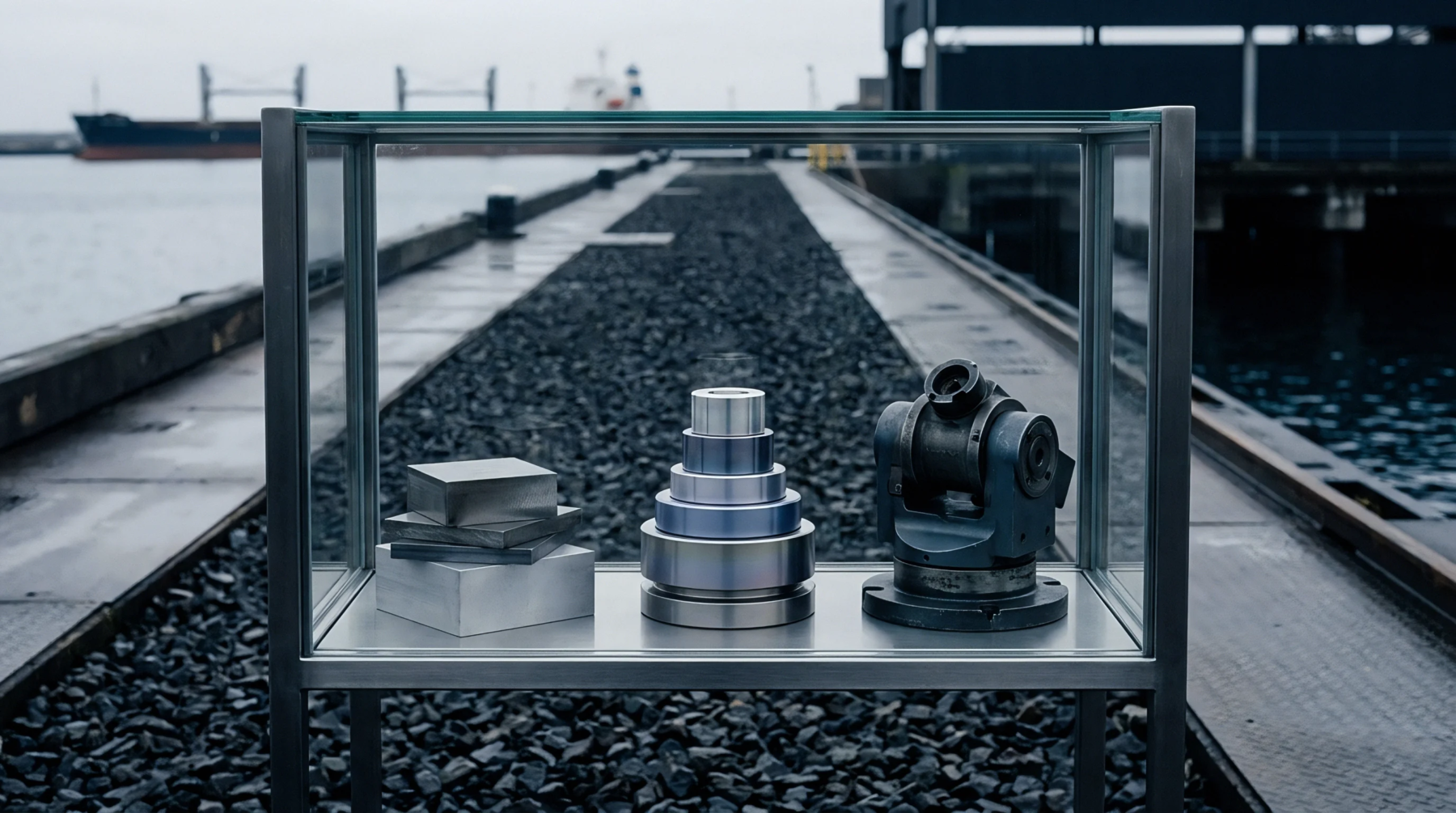 A glass and metal display case holds varied metal stock and precision-machined industrial parts on a dock.