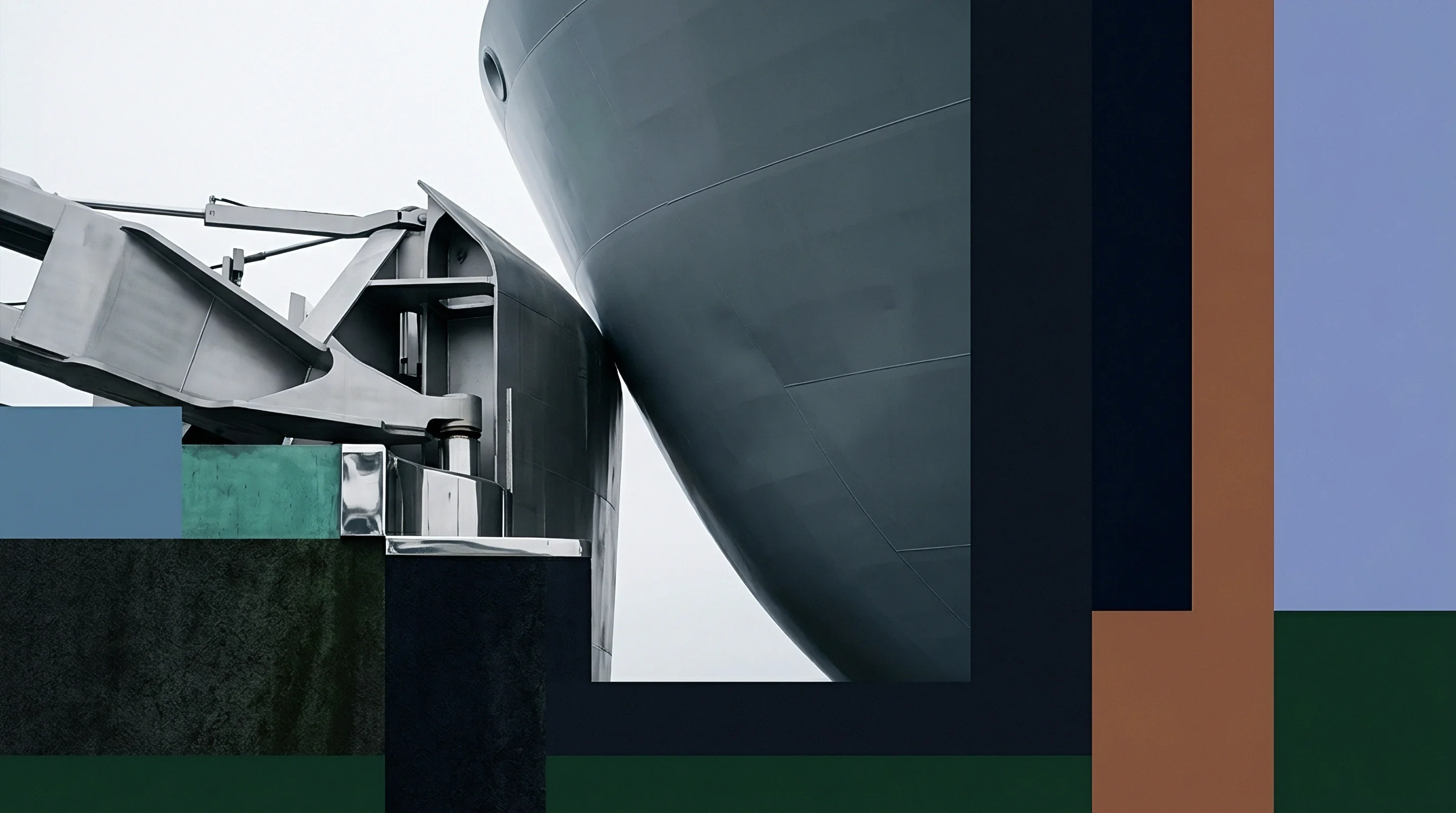 A graphic composition combines metallic maritime vessel sections and heavy industrial lifting machinery against geometric color blocks.