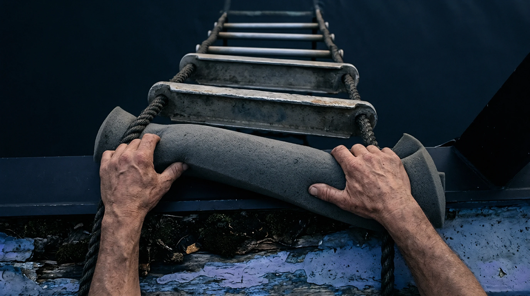 Worker hands grip padded guide ropes of a vertical marine boarding ladder mounted to a dark vessel hull.