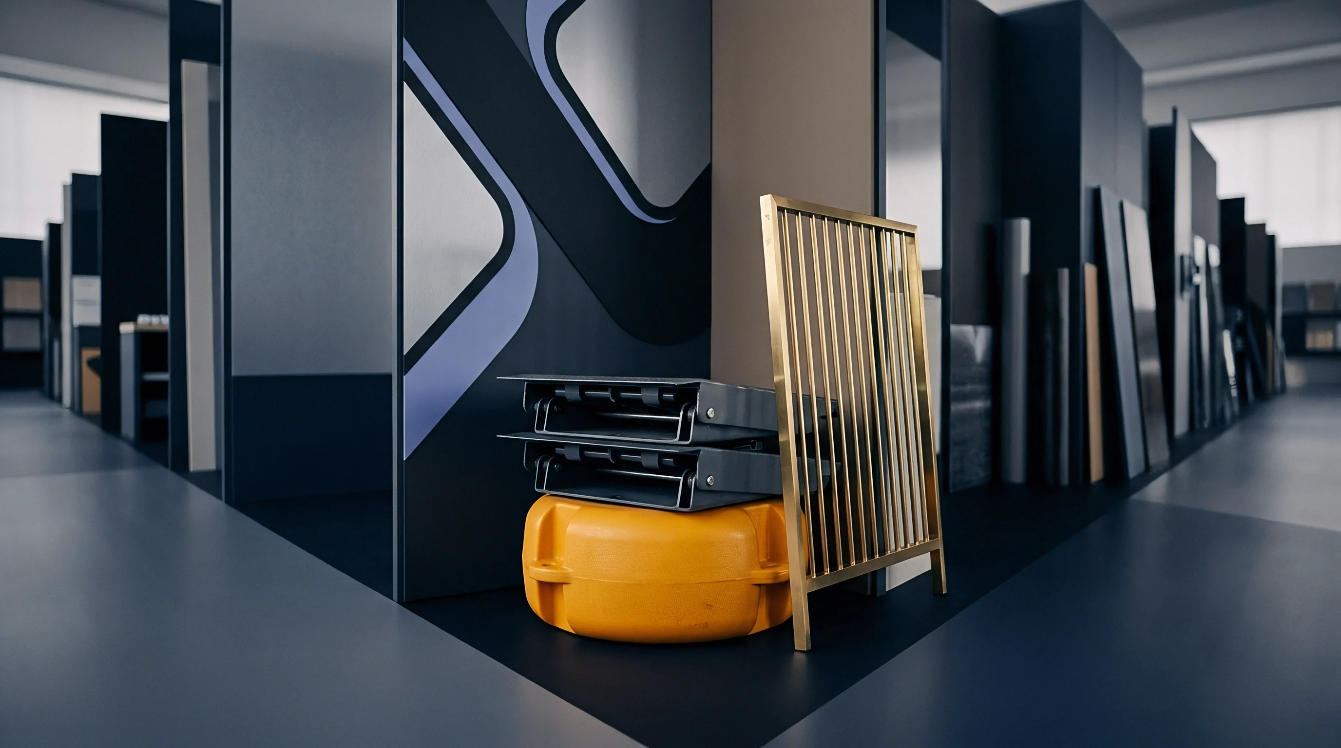 Stacked industrial material handling platforms rest atop a yellow containment drum beside a metal partition grid inside a warehouse showroom.