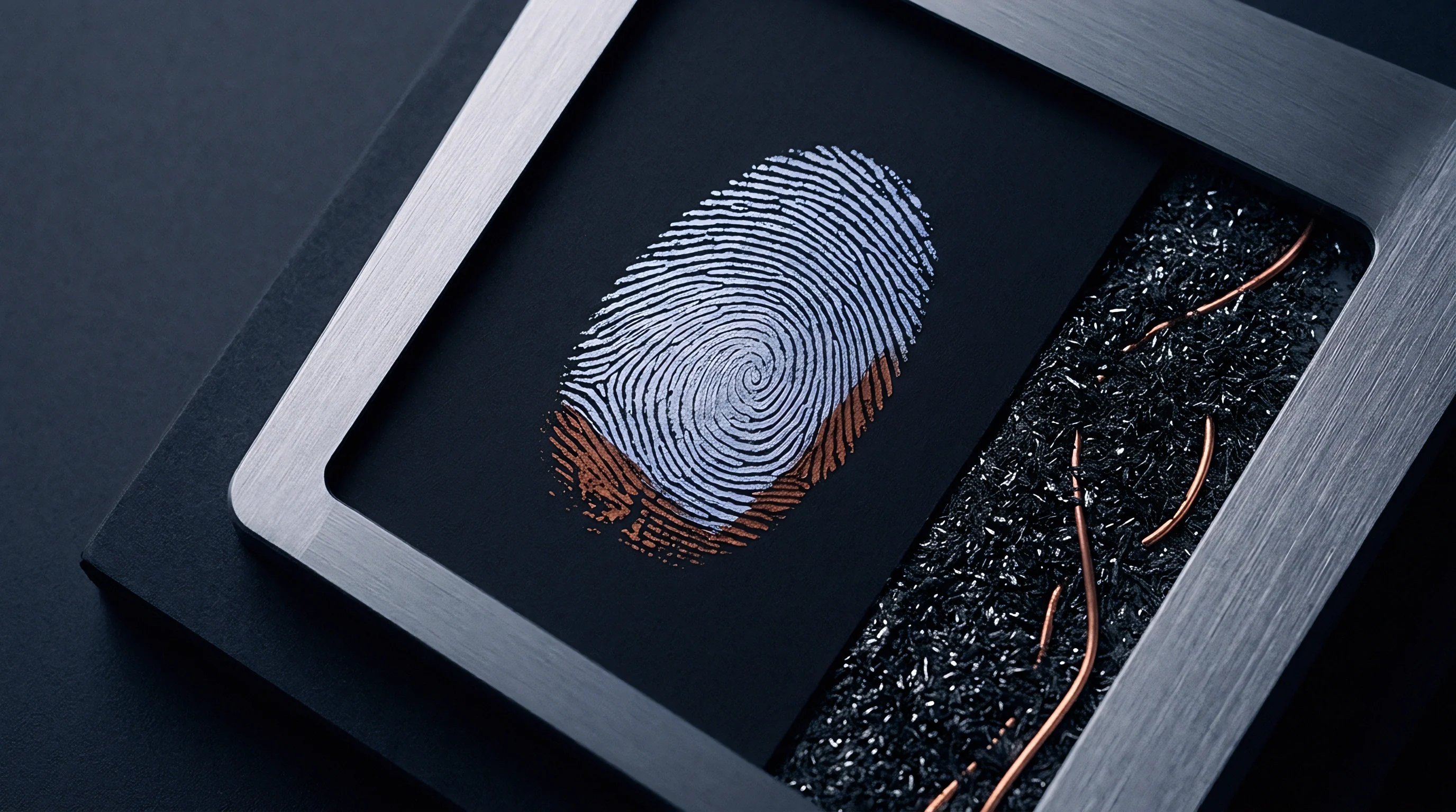 Metallic framing encloses a biometric impression alongside dark industrial particulates and copper filaments on a dark surface.