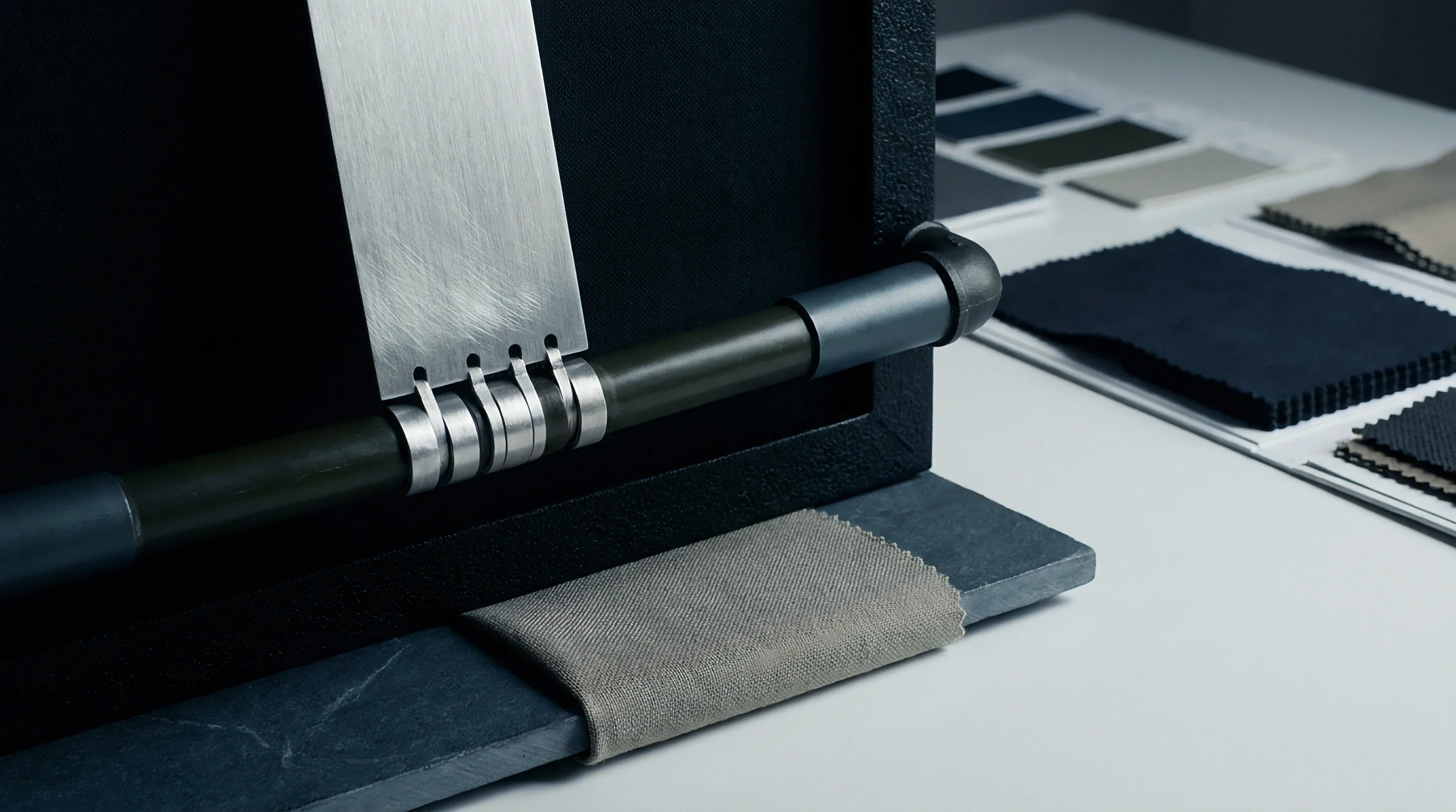 A brushed metal fastening plate is secured to a cylindrical rod mounted on a dark textured display board alongside textile swatches.