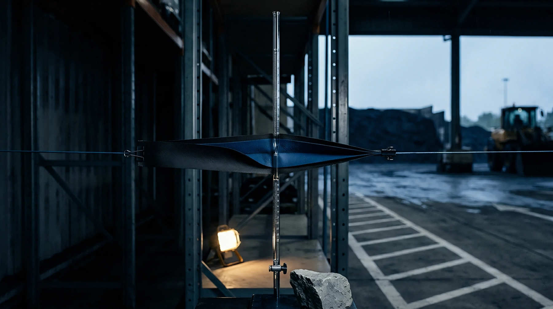 A tensile testing apparatus clamps a flexible polymer strap across an industrial warehouse floor near a loading dock.