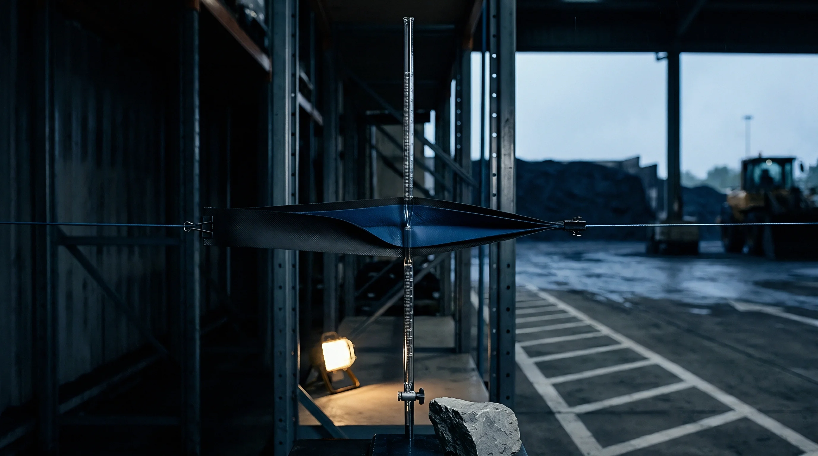 A tensile testing apparatus clamps a flexible polymer strap across an industrial warehouse floor near a loading dock.