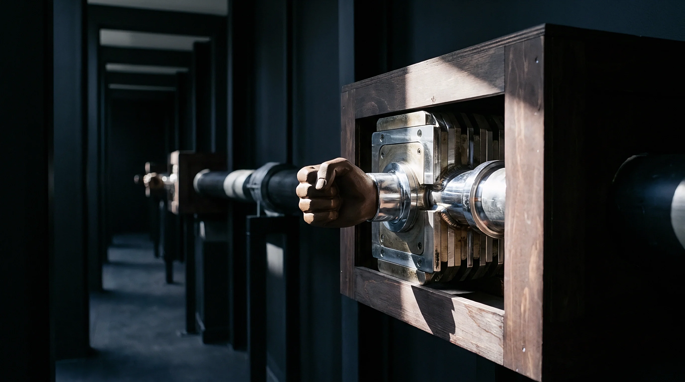 A series of wooden enclosures housing metallic fist shaped levers align along a dark corridor connected by a thick central conduit.