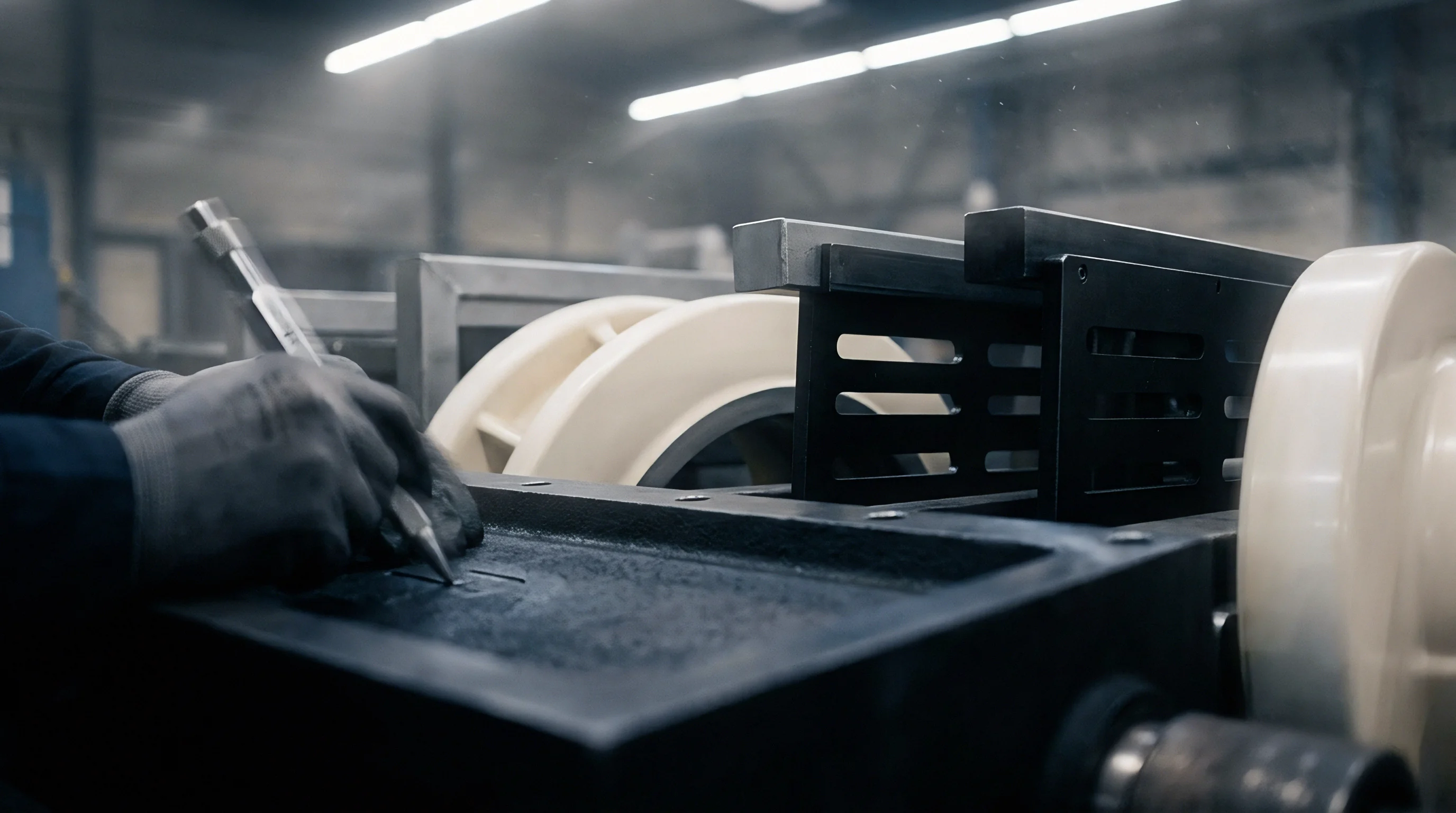 A gloved worker uses a metal scribe to apply identifying marks onto a cast component inside an active production facility.