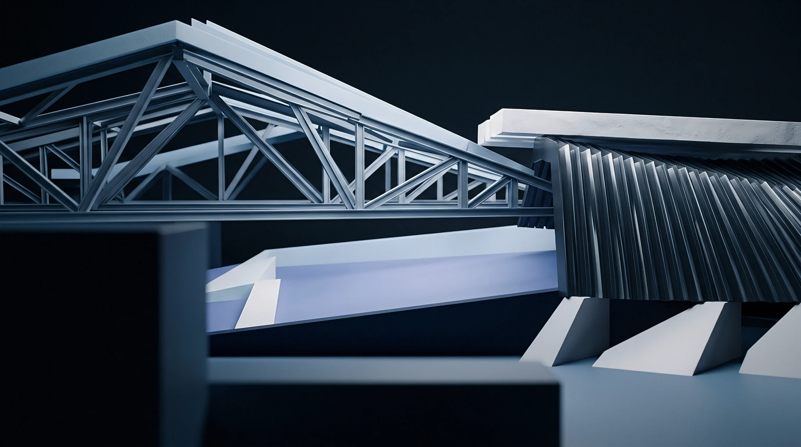 A digital render displays modular structural framework assemblies featuring metallic trusses and ribbed cladding components positioned above concrete support piers.
