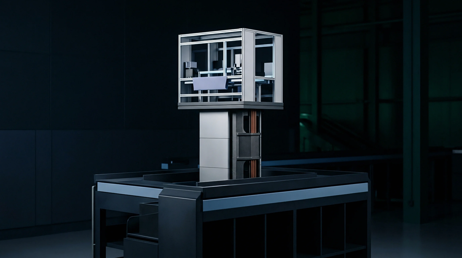 A high precision digital render shows a modular robotic production cell elevated above an industrial sorting framework in a dark warehouse environment.