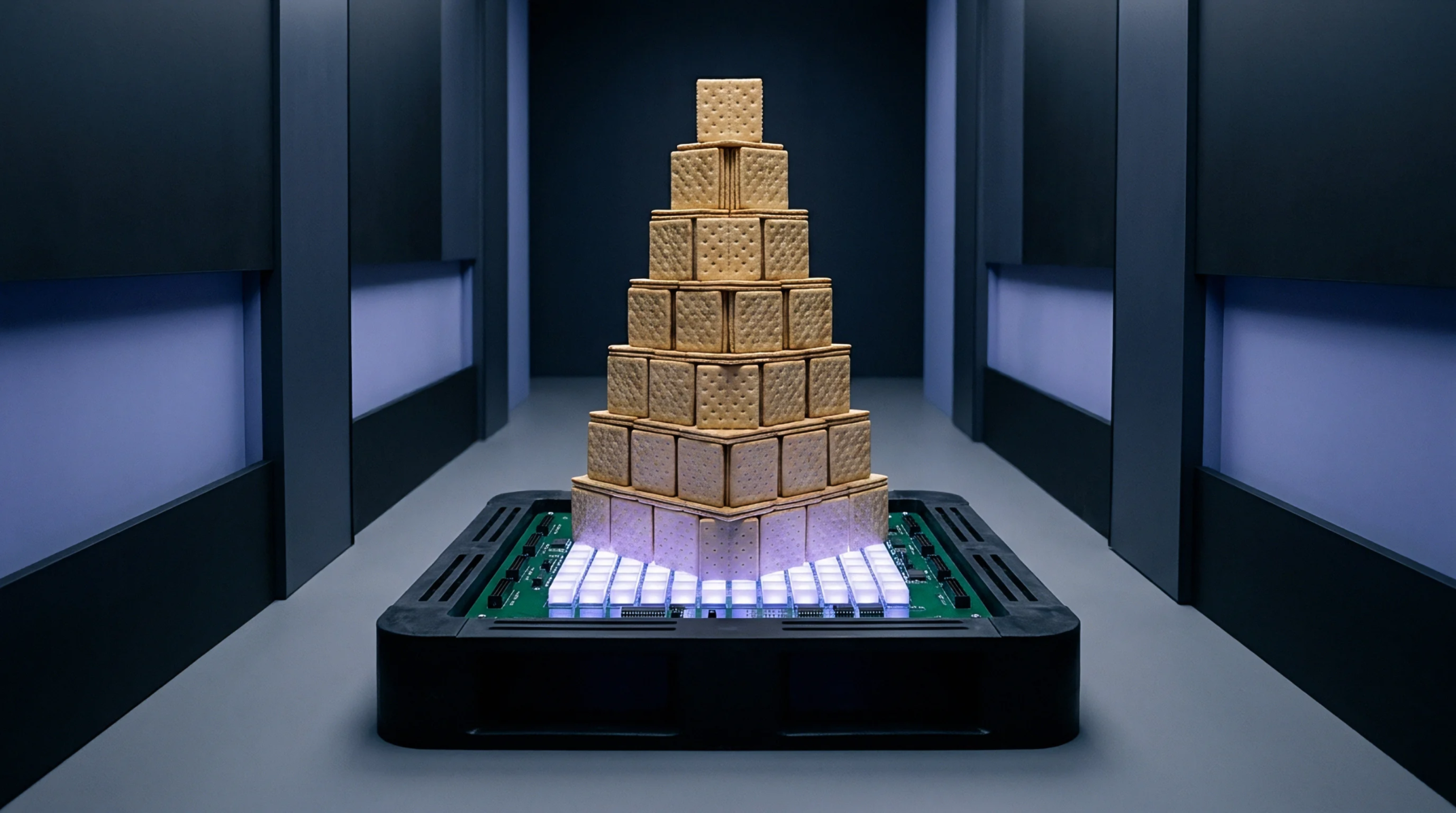 Digital render of a tiered block structure resting on an illuminated circuit board inside an industrial server corridor.