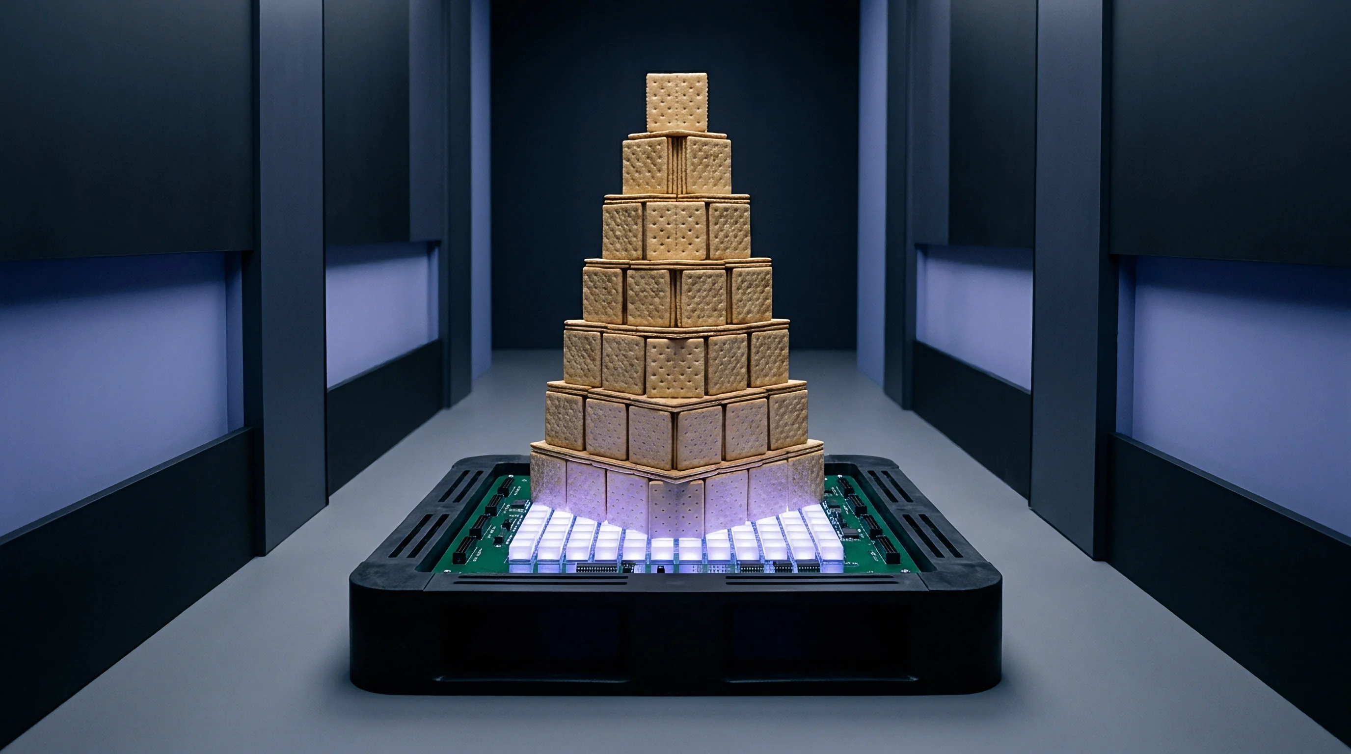 Digital render of a tiered block structure resting on an illuminated circuit board inside an industrial server corridor.