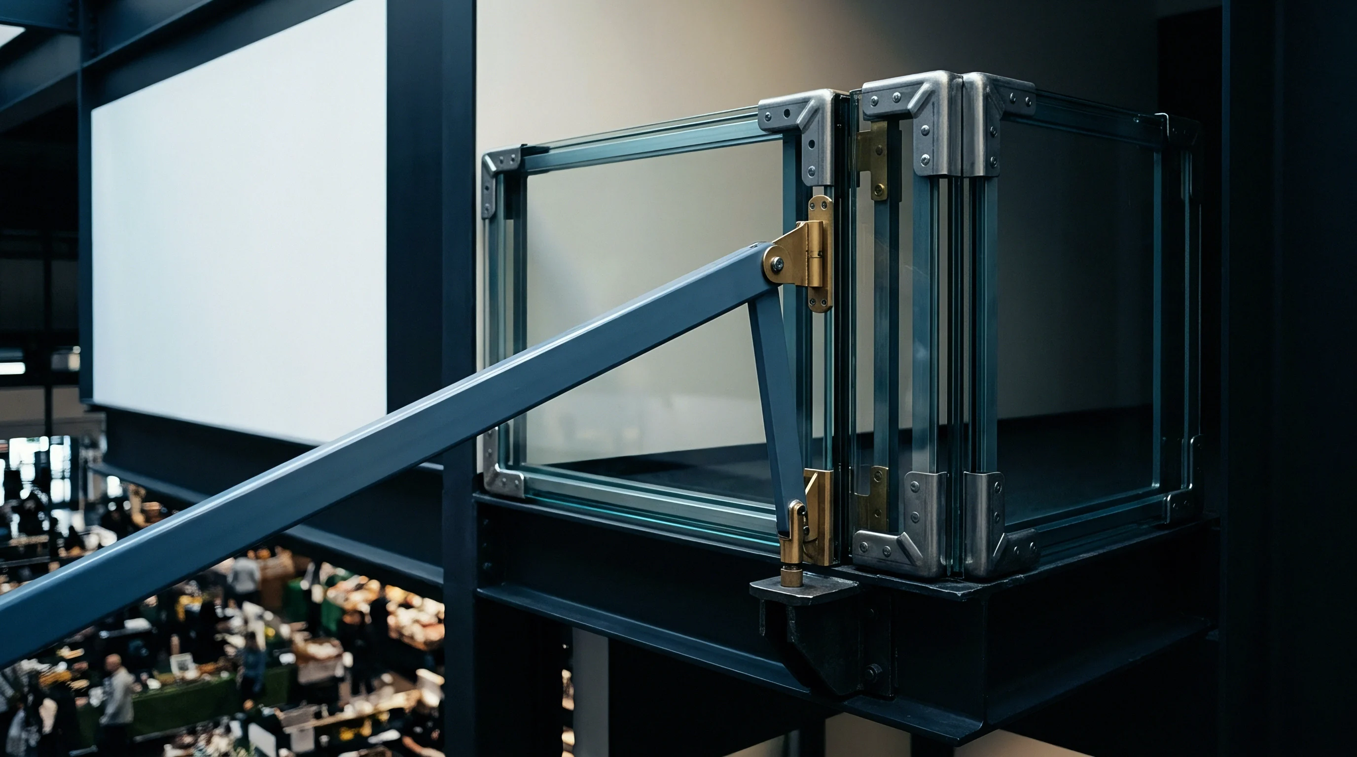 An elevated glass and metal enclosure with an angled support arm overlooks a busy indoor marketplace filled with people and displays.