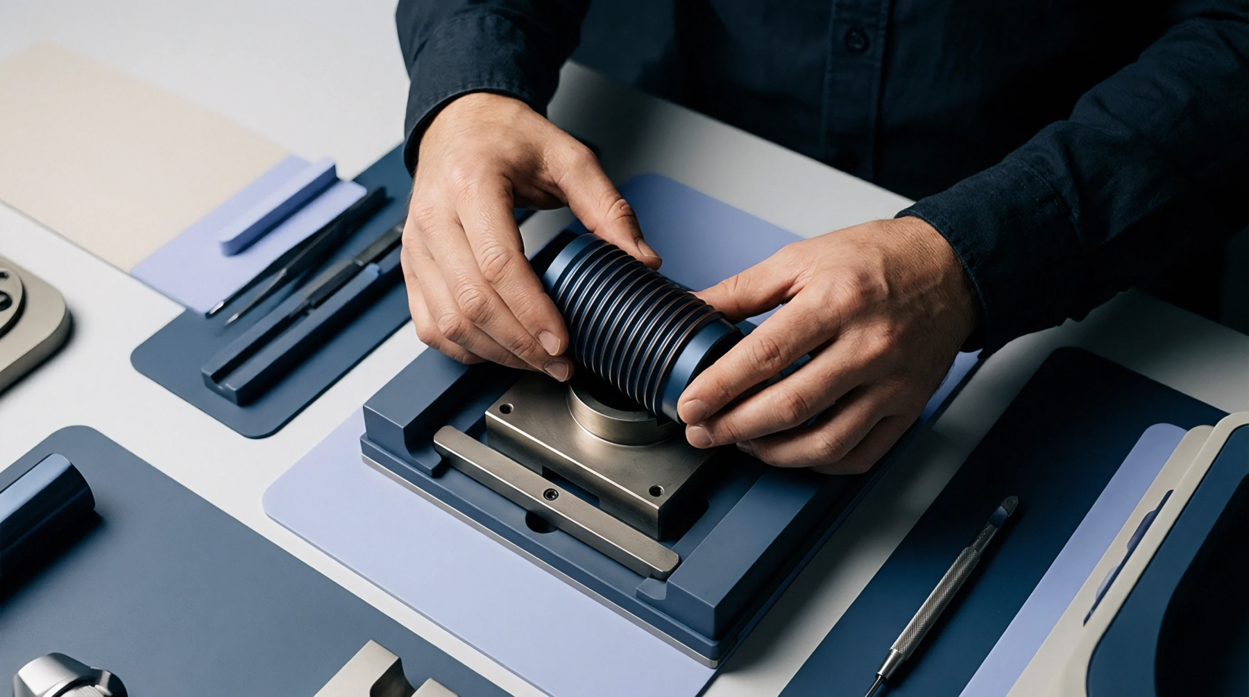 Precision manufacturing technician aligns a metallic ribbed cylinder onto a specialized assembly fixture inside a parts production workshop.